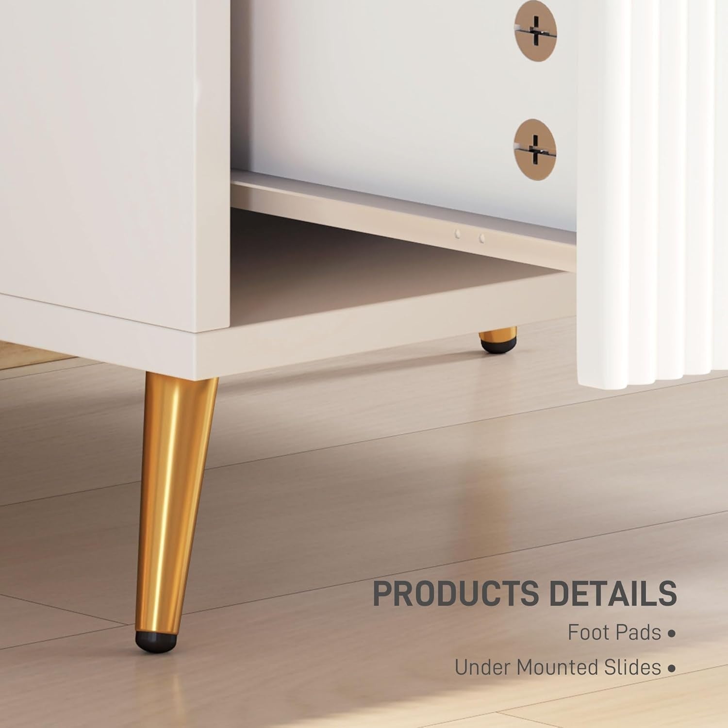 Modern White Bedside Table with 2 Drawers & Gold Metal Legs | Elegant Nightstand