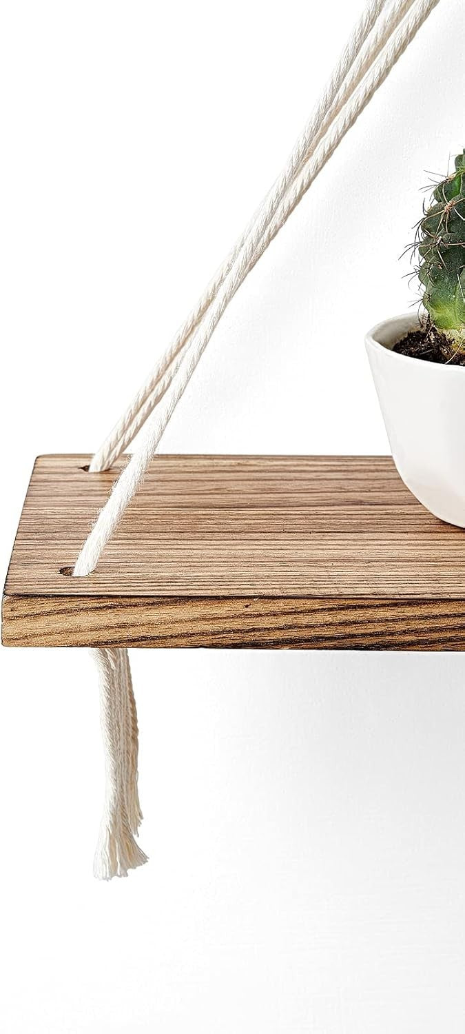 Boho Macrame Hanging Shelves Set of 2 Wood Floating Wall Decor