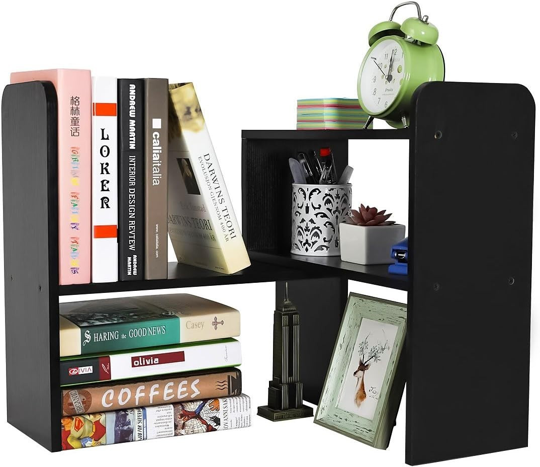 Adjustable 2-Tier Black Wood Desk Bookshelf - Space-Saving Organizer