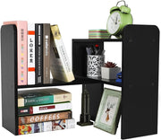 Adjustable 2-Tier Black Wood Desk Bookshelf - Space-Saving Organizer