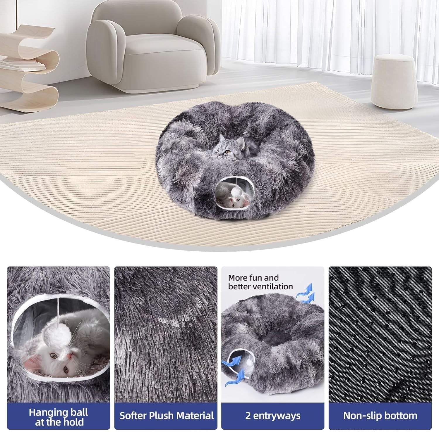 Cat Tunnel Bed Donut Cat Toy Foldable Tunnel w Washable Cushion