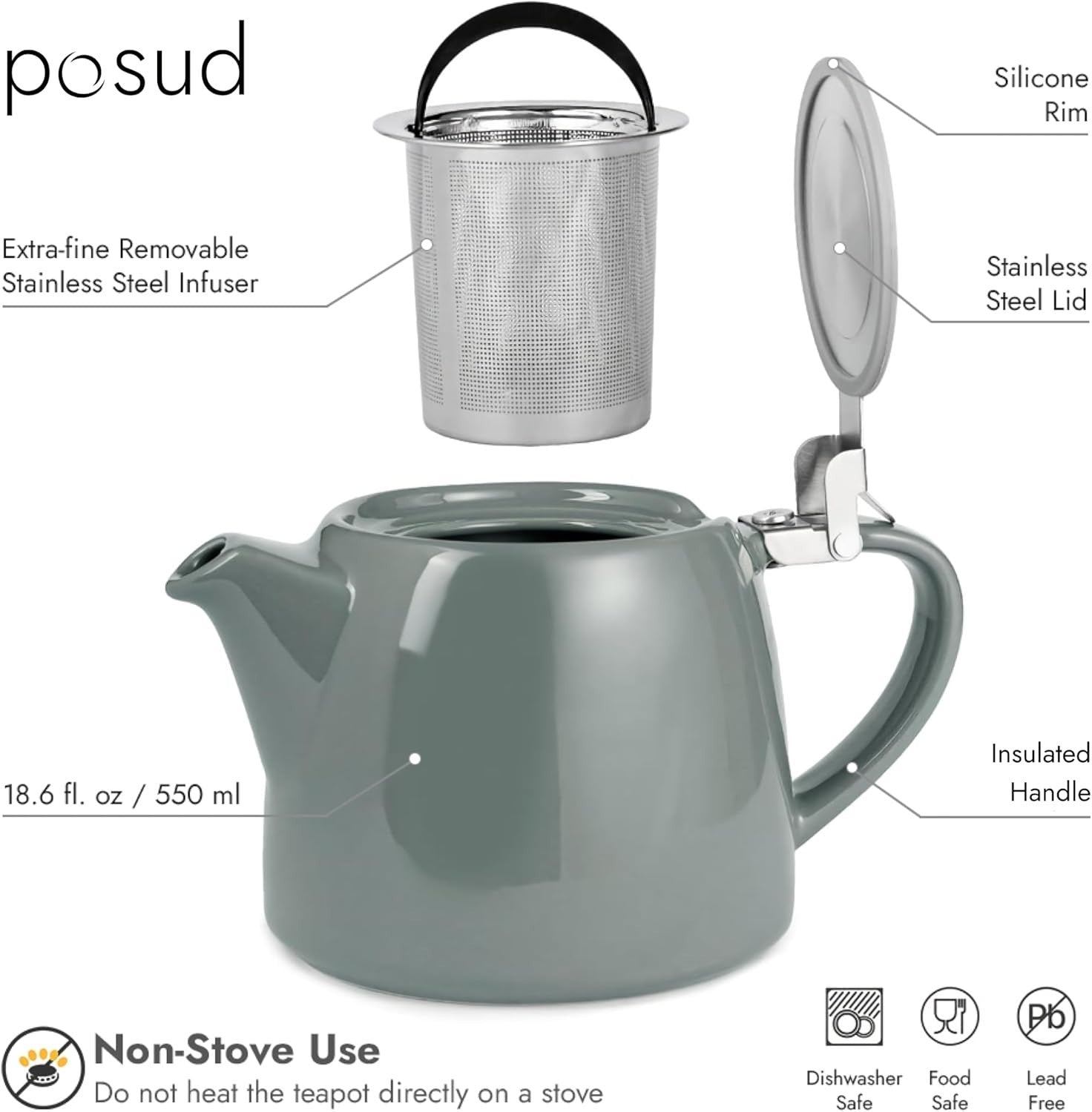Ceramic Teapot with Infuser 550ml Loose Leaf Tea Pot for 2 Cups Grey