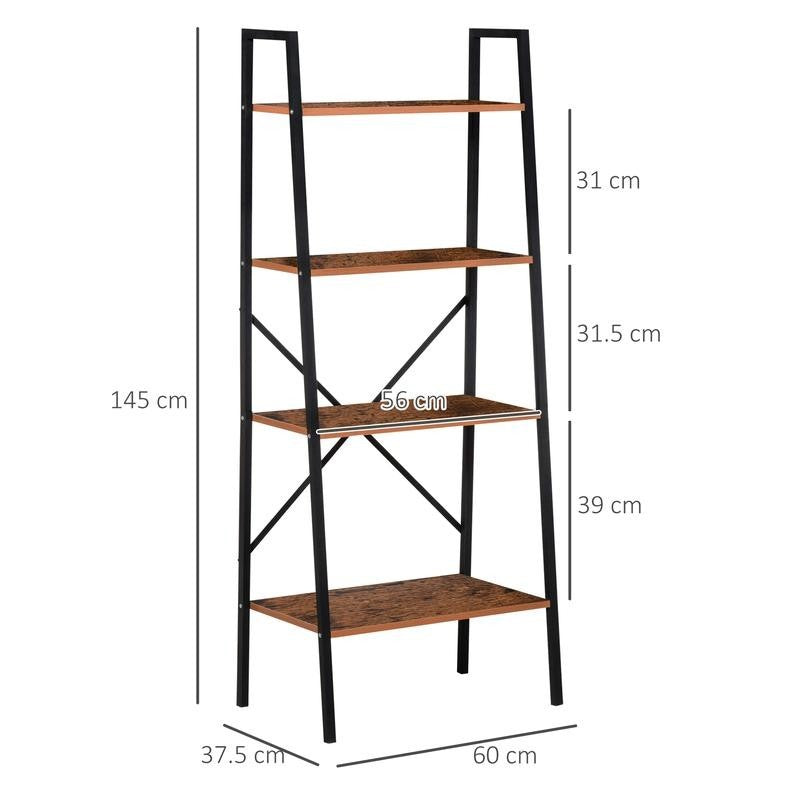 4-Tier Ladder Shelf Bookcase – Industrial Storage Rack in Black & Brown