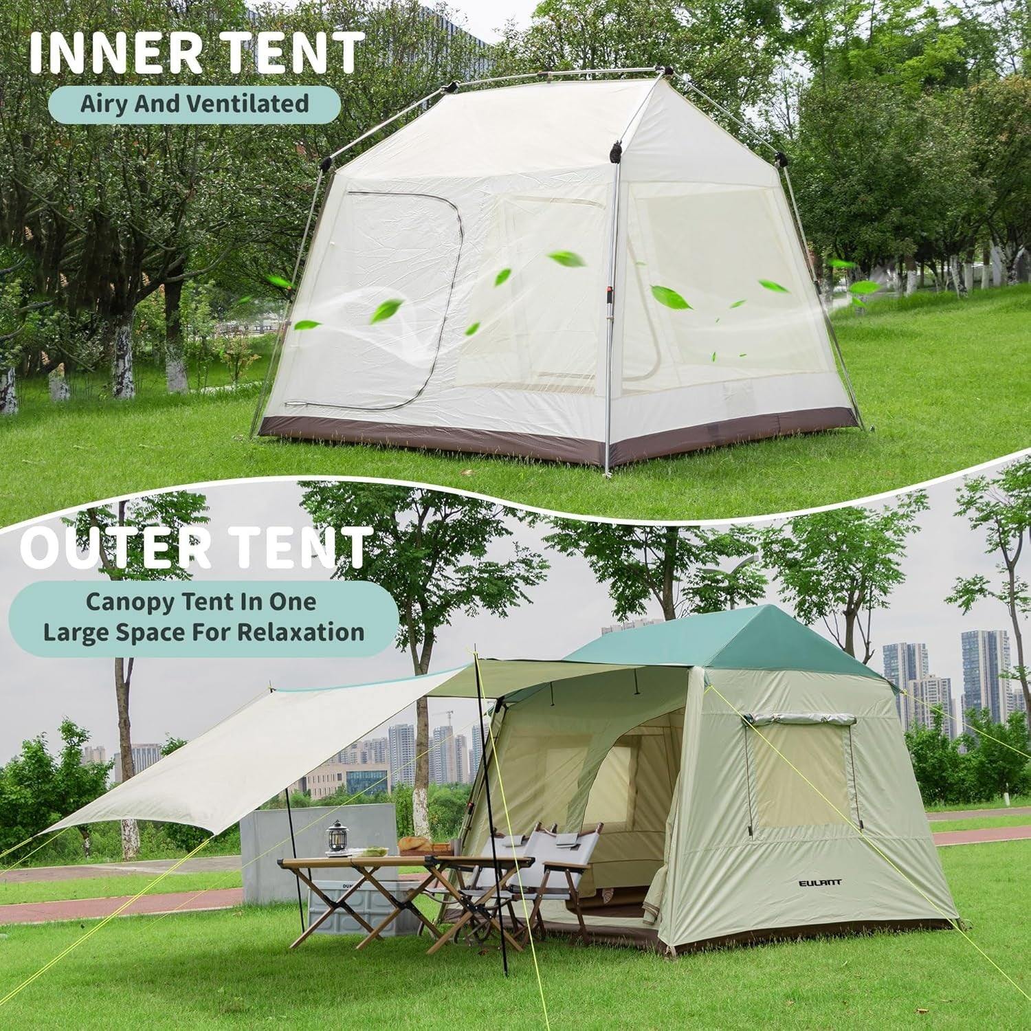 Waterproof 4 Person Camping Tent Green Beige w/ Canopy