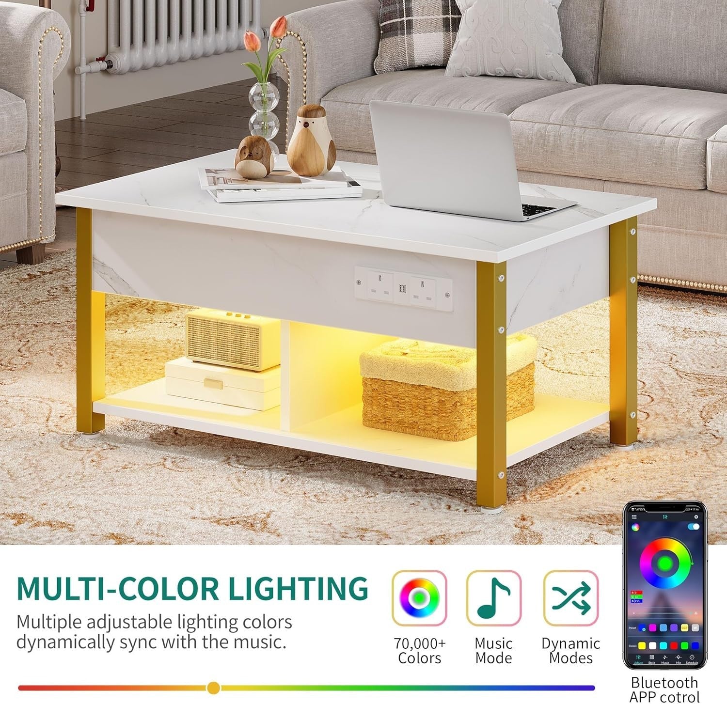 Lift Top Coffee Table with Storage, LED Lights, USB & Outlets – White Marble