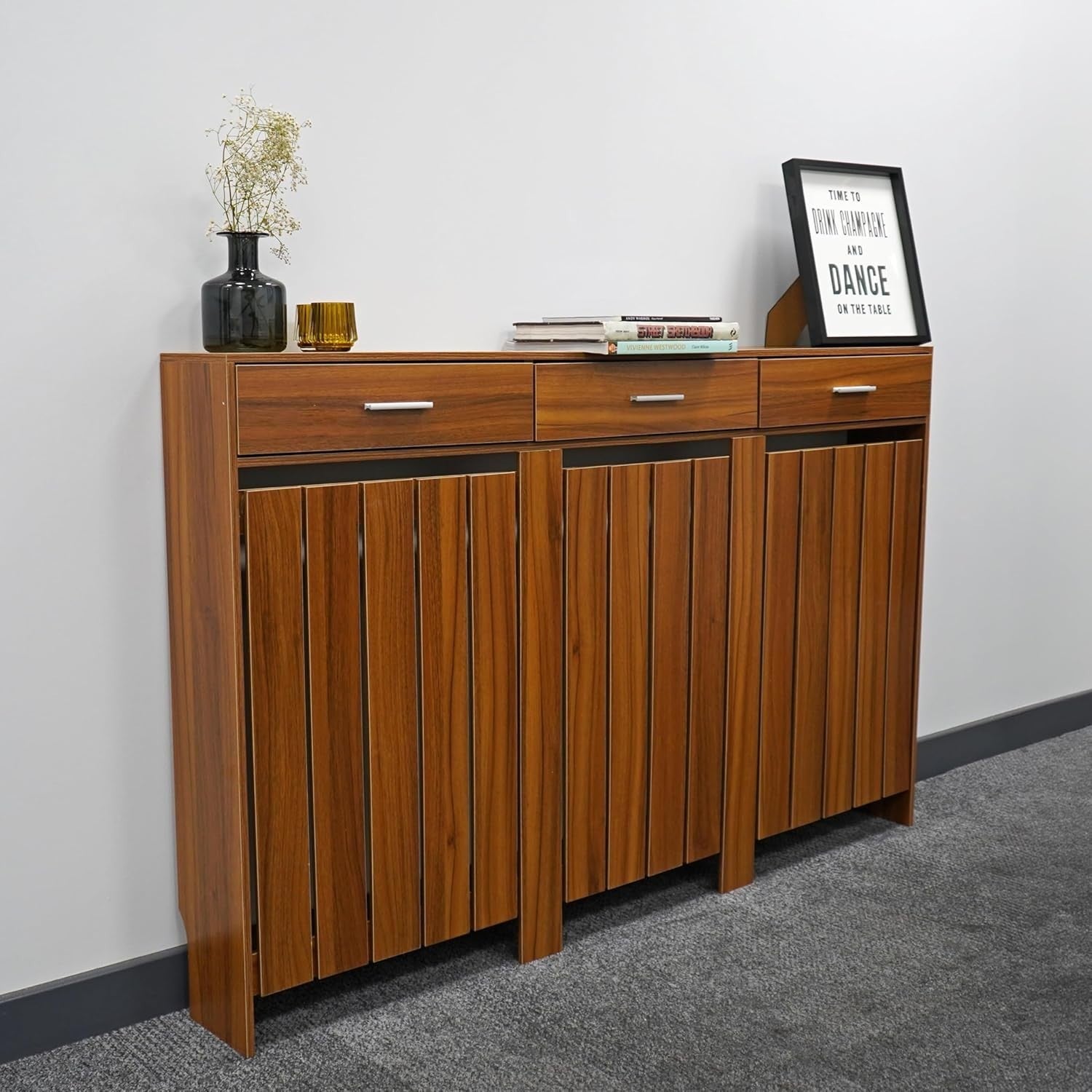 Wood Radiator Cover with Drawers Vertical Slat W152xH96cm Modern Oak Cabinet