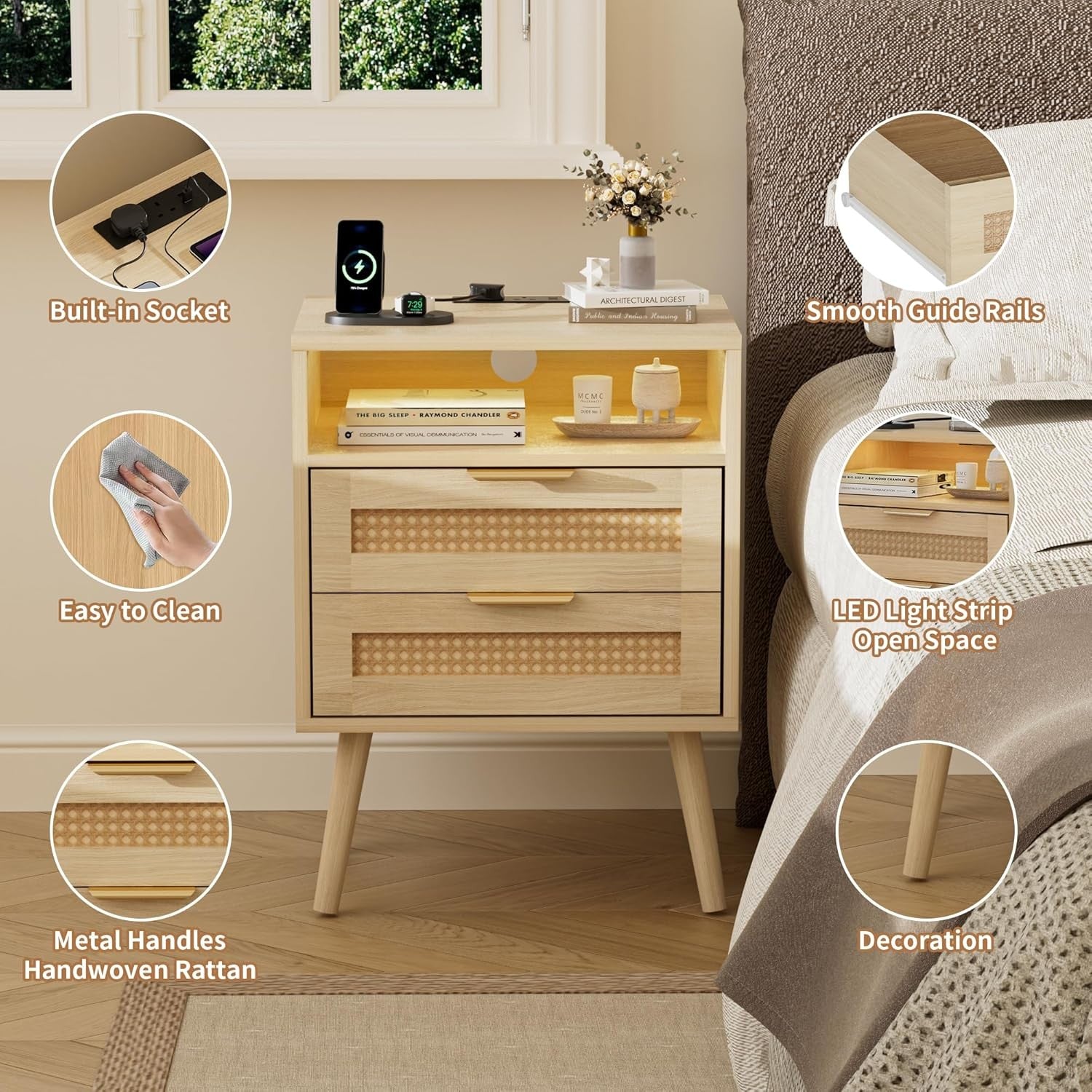 Set of 2 Bedside Table,Nightstand with Charging Station and LED Lights, Bedside
