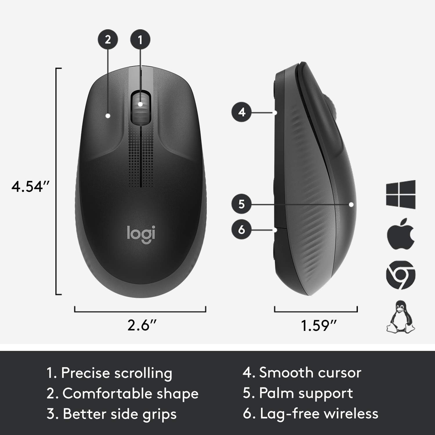 Full Size Wireless Mouse USB 18 Month Battery Ergonomic Black