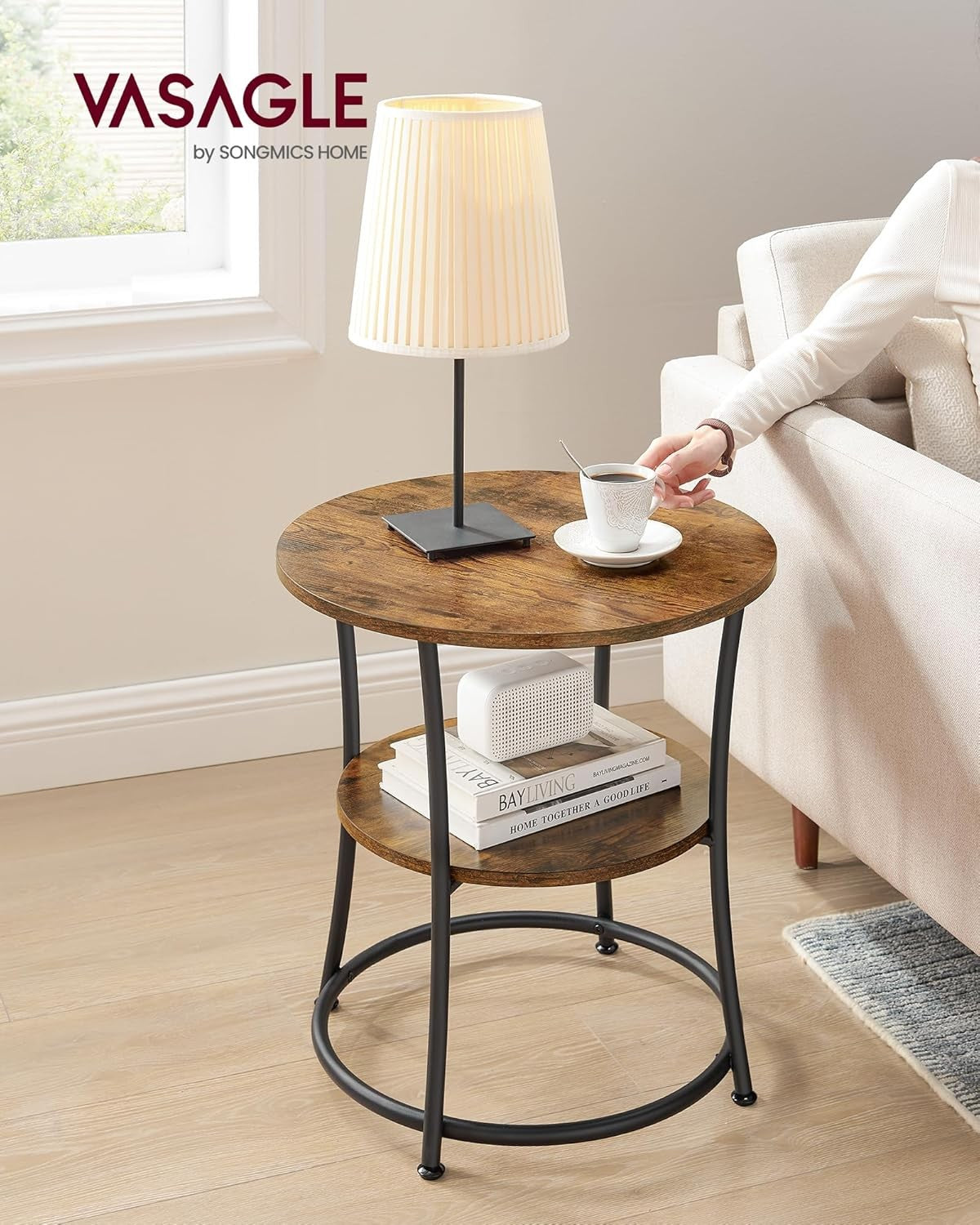 Industrial Round Side Table with 2 Shelves, Rustic Wood End Table for Bedroom