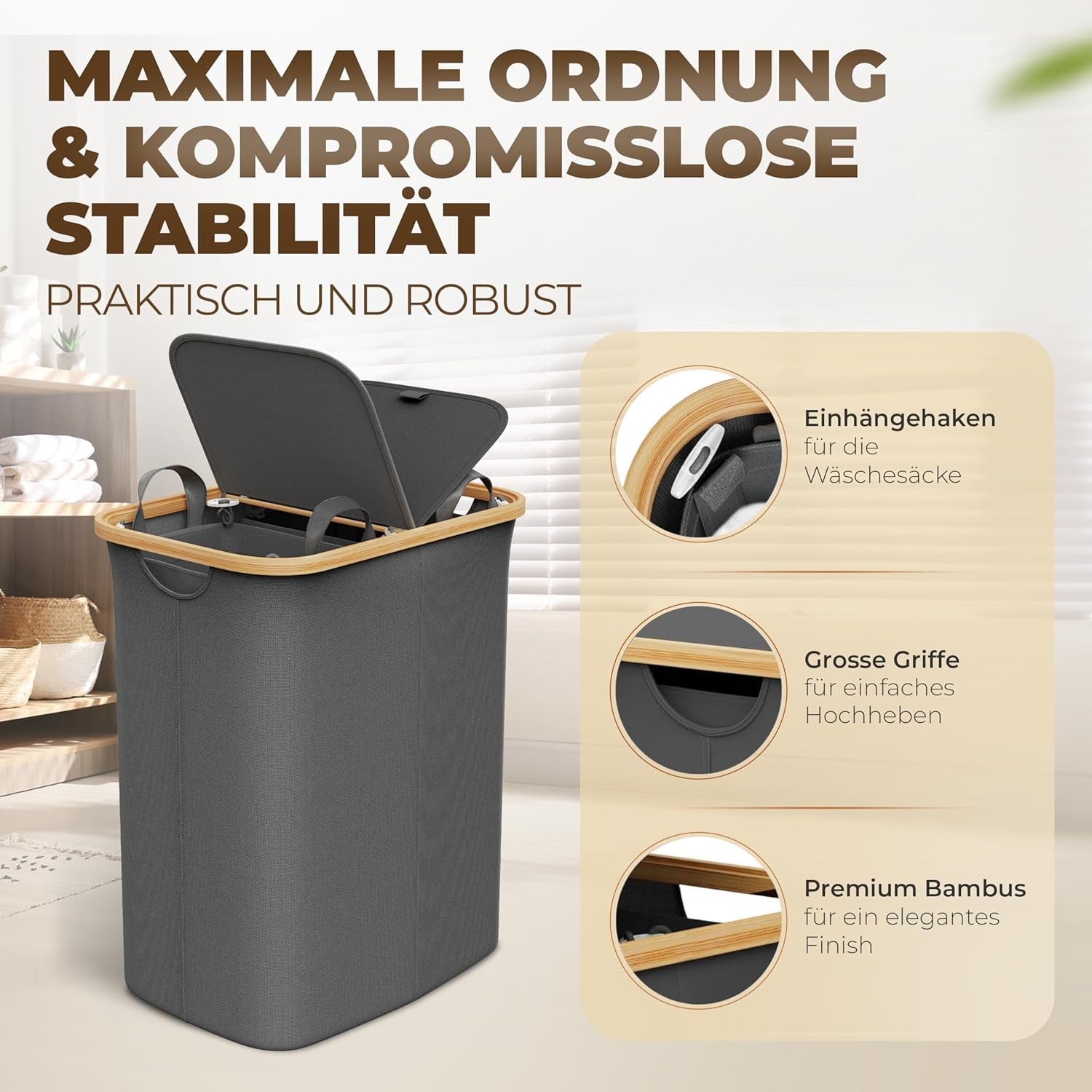 150L Foldable Laundry Hamper With Lid Large Bamboo Dark Grey Basket 2 Sections