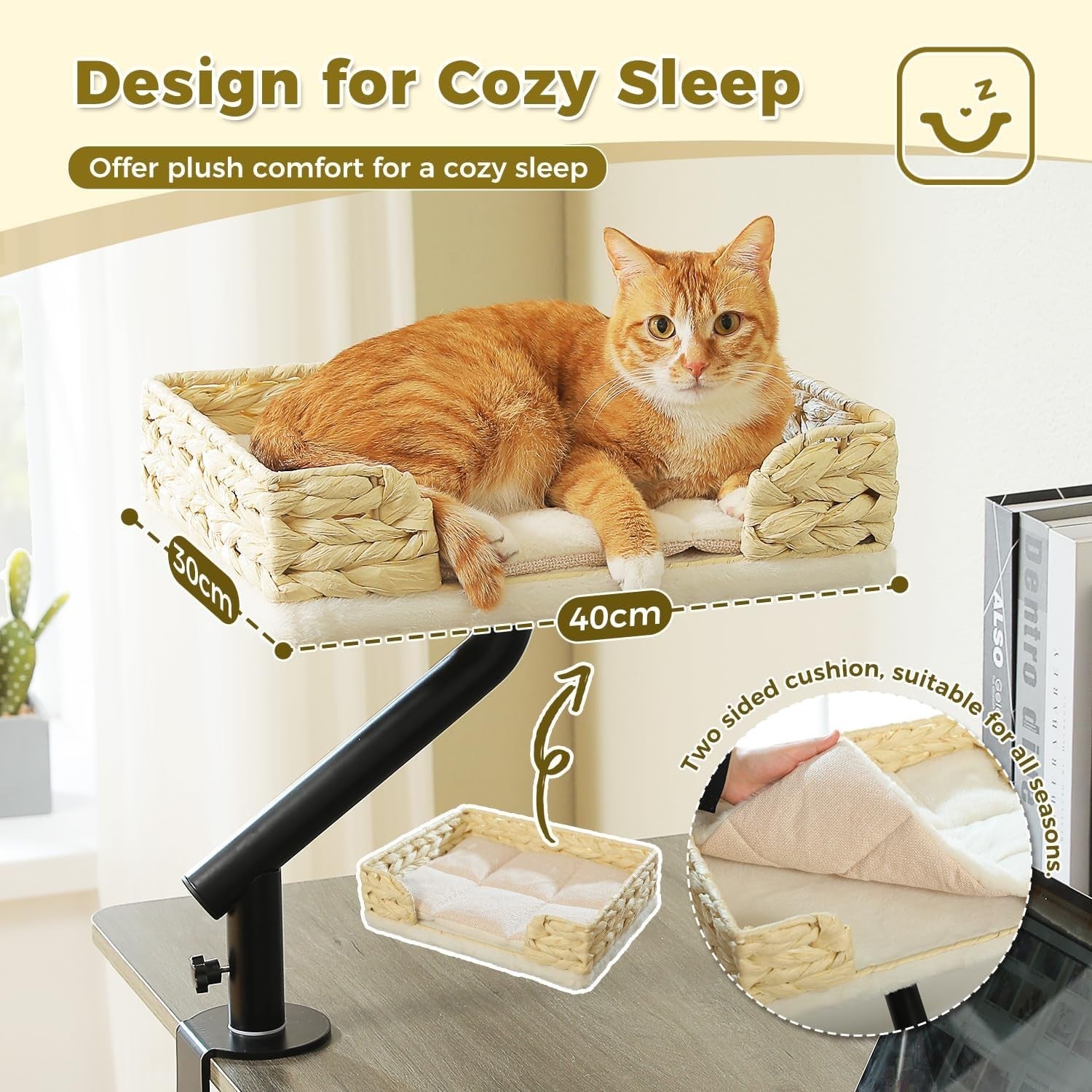 Desk Mounted Cat Bed Wicker Hammock Rotating Plush Cat Lounger White