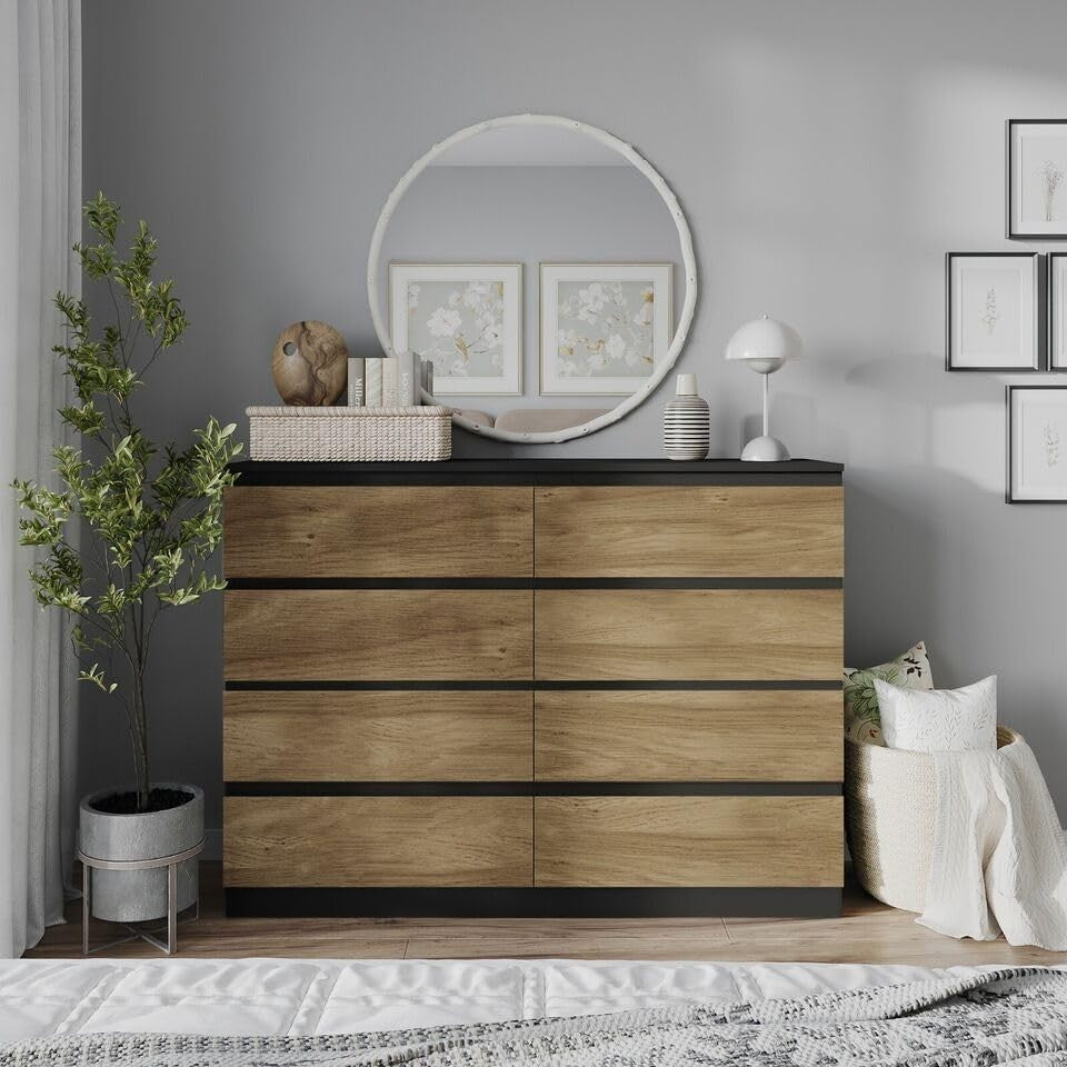 8 Drawer Black Oak Chest Storage Cabinet Modern Bedroom Office Organiser