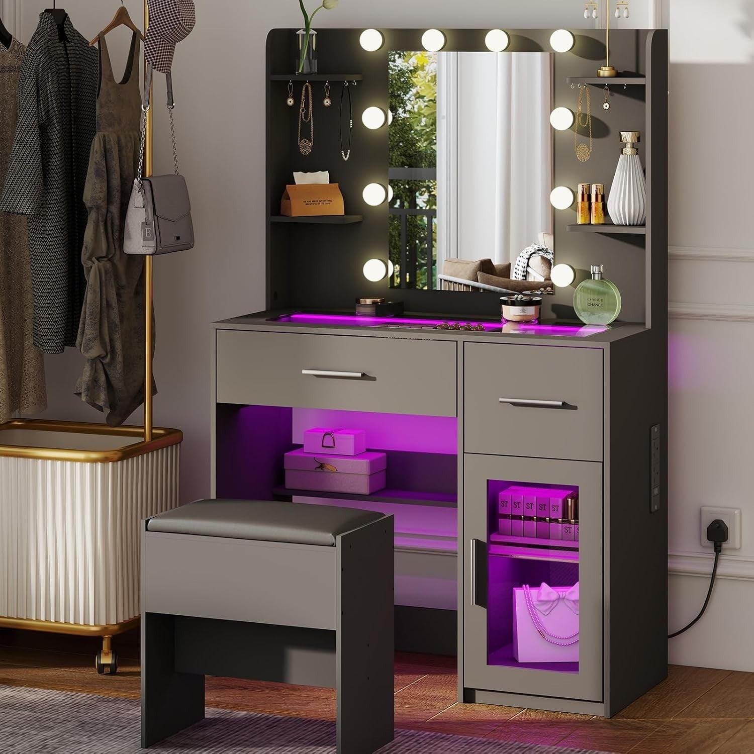 Modern Vanity Dressing Table Makeup Desk LED Light Mirror USB Charging 90x140x40