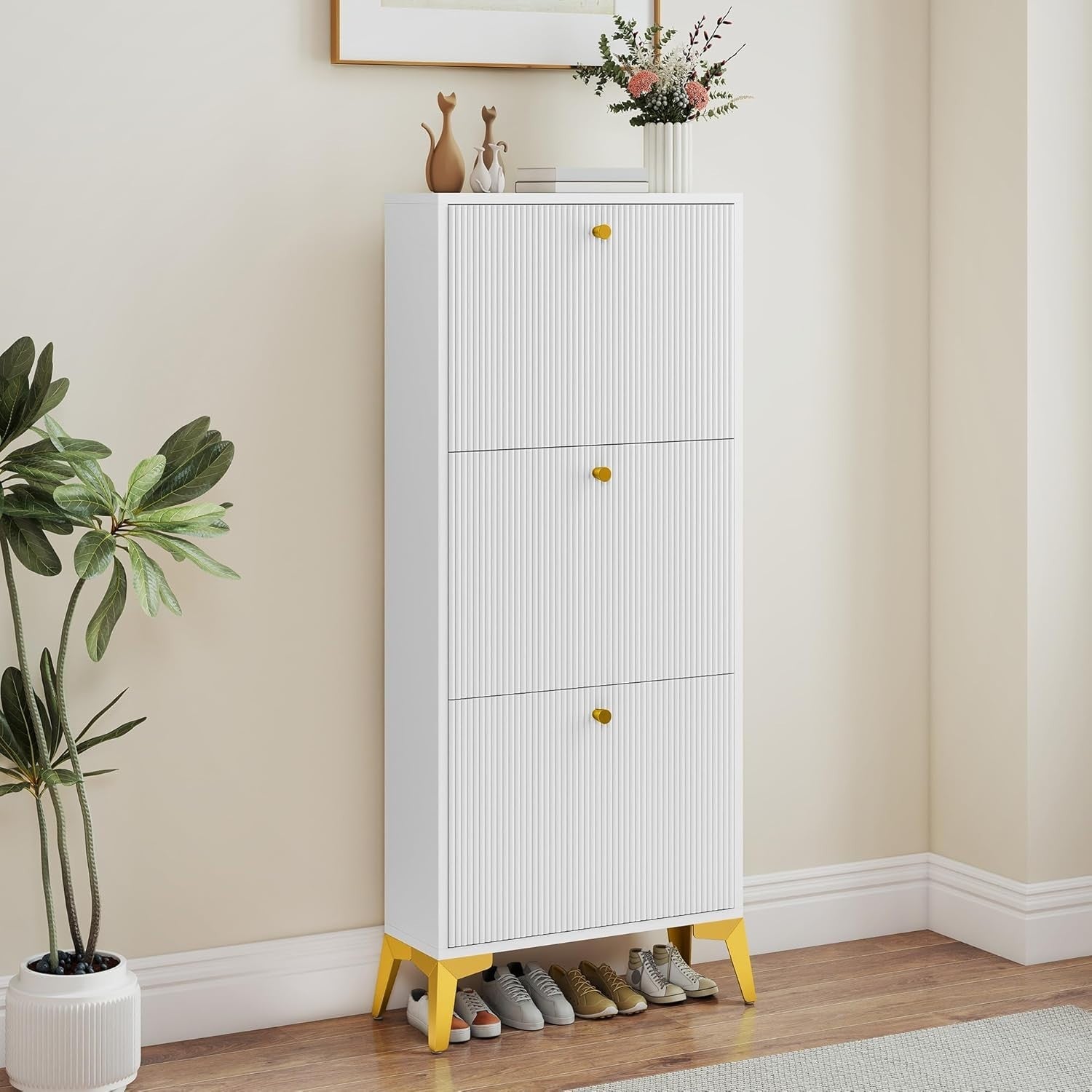 Slim White Shoe Cabinet with 3 Flip Drawers & Anti-Tip, Space-Saving Storage