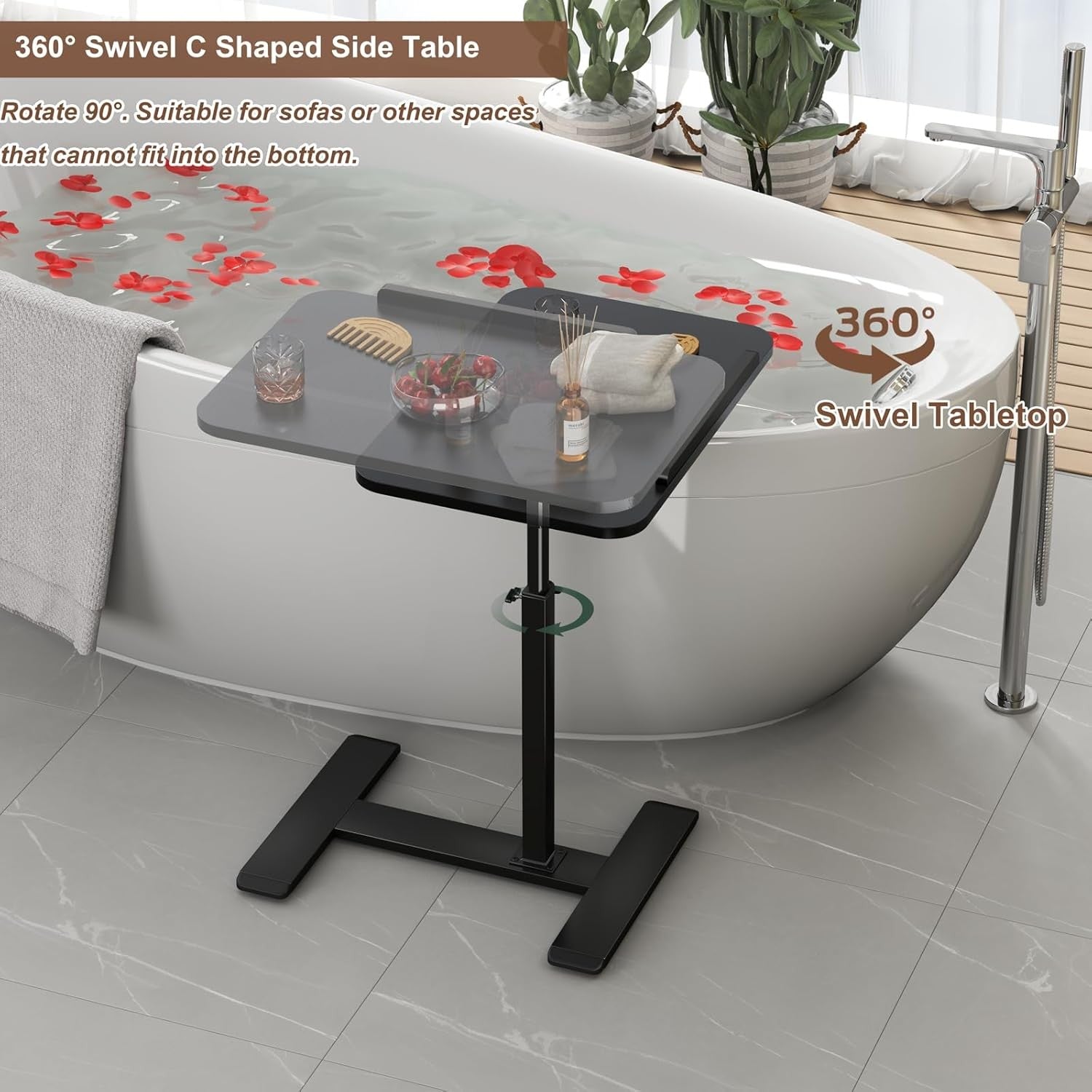 Adjustable C Shaped Side Table Laptop Desk Swivel Overbed Wheels