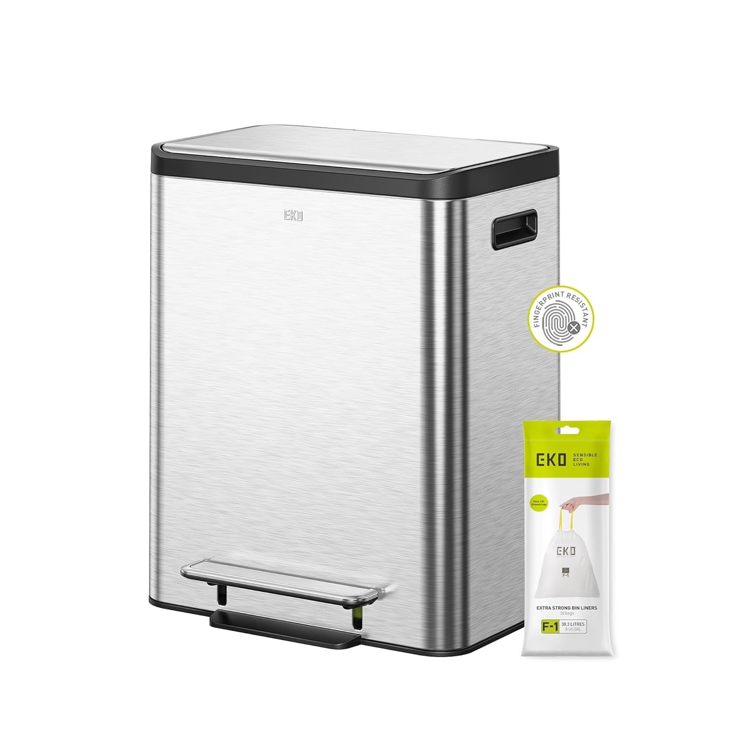 30L Dual Recycling Kitchen Bin 15+15L Stainless Steel Pedal
