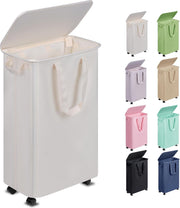 Slim 55L Laundry Hamper with Lid & Wheels – Narrow Rolling Clothes Basket for Sm