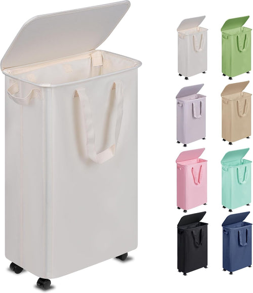 Slim 55L Laundry Hamper with Lid & Wheels – Narrow Rolling Clothes Basket for Sm