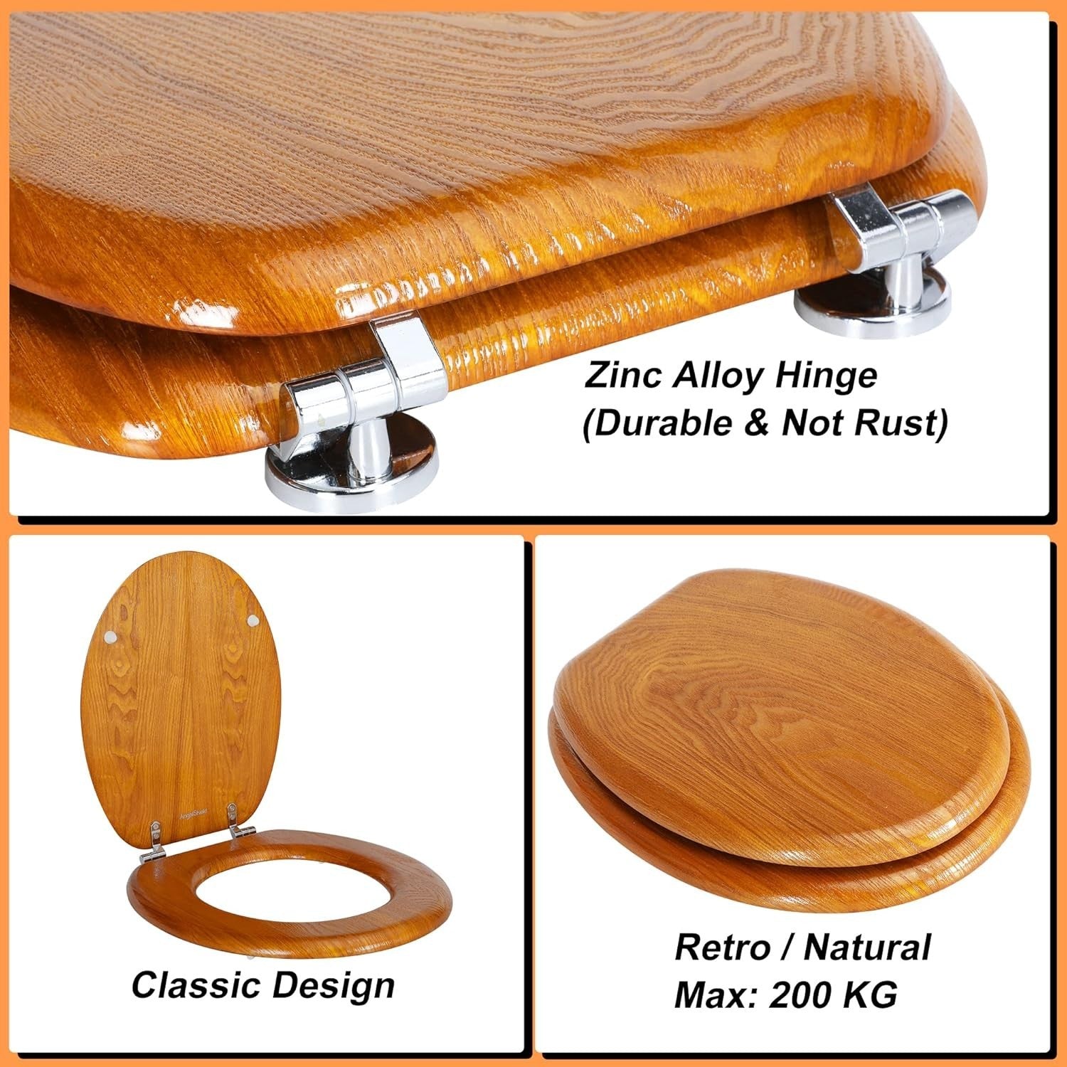 Natural Wooden Toilet Seat Antibacterial Oval Oak Yellow Adjustable Zinc Hinges