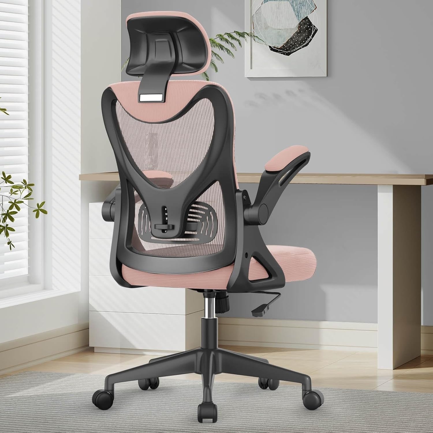 Ergonomic Mesh Office Chair Pink High Back Flip-Up Armrest Lumbar Support