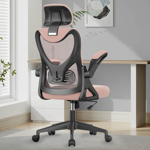 Ergonomic Mesh Office Chair Pink High Back Flip-Up Armrest Lumbar Support