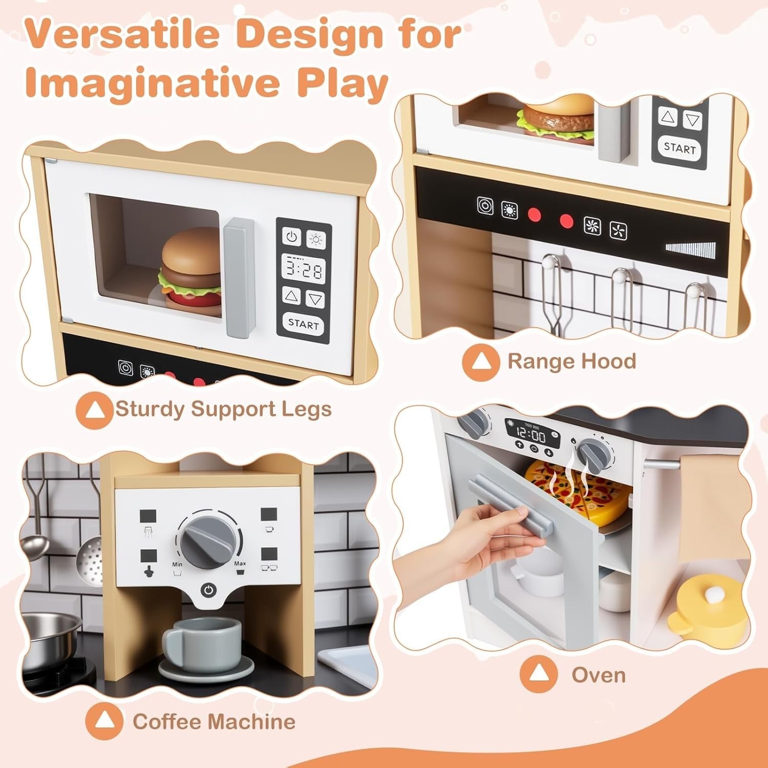 Wooden Kids Play Kitchen Lights Sounds Coffee Maker Grey Toy