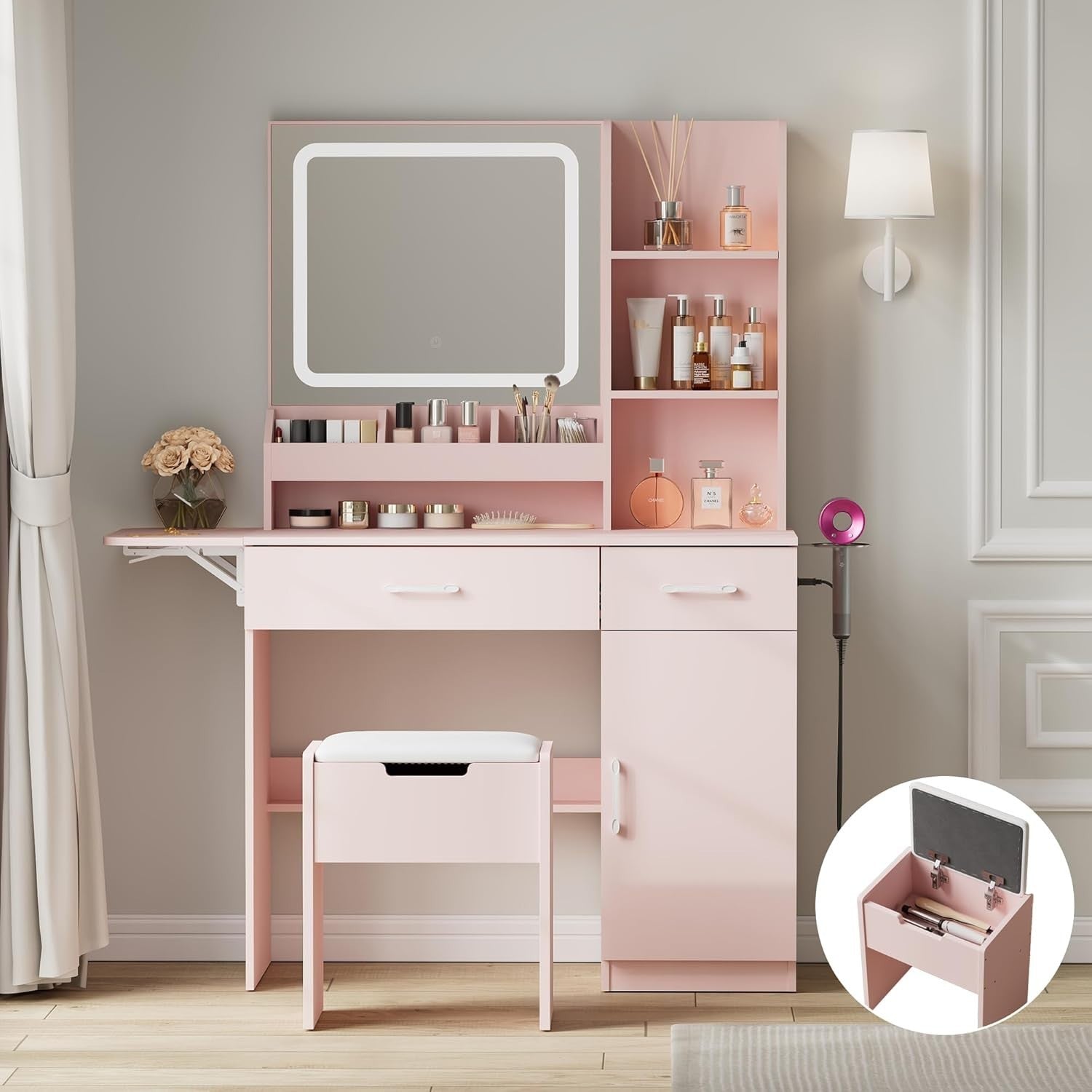 Pink Vanity Desk Makeup Table Set w/LED Light Mirror Drawers Stool Storage