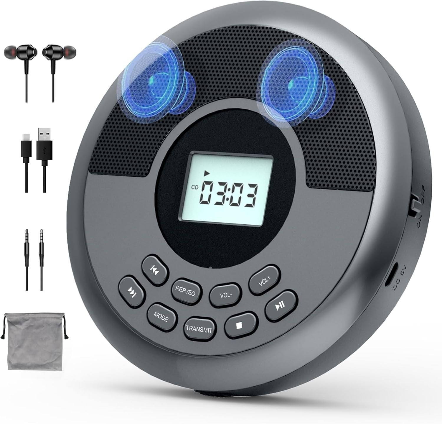 Portable CD Player Bluetooth Rechargeable Anti-Skip Speakers AUX Car