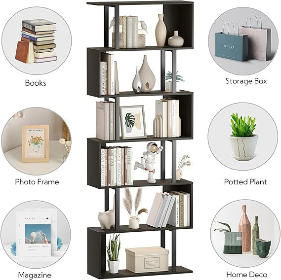 S Shaped 6 Tier Bookshelf Modern Display Storage Unit for Living Room Office