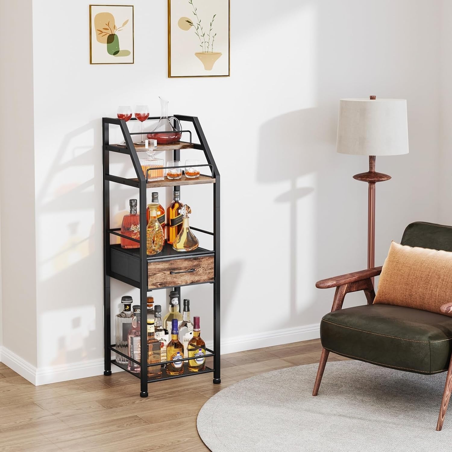 4-Tier Wine Bar Cabinet with Drawer & Glass Holder, Freestanding Liquor Shelf