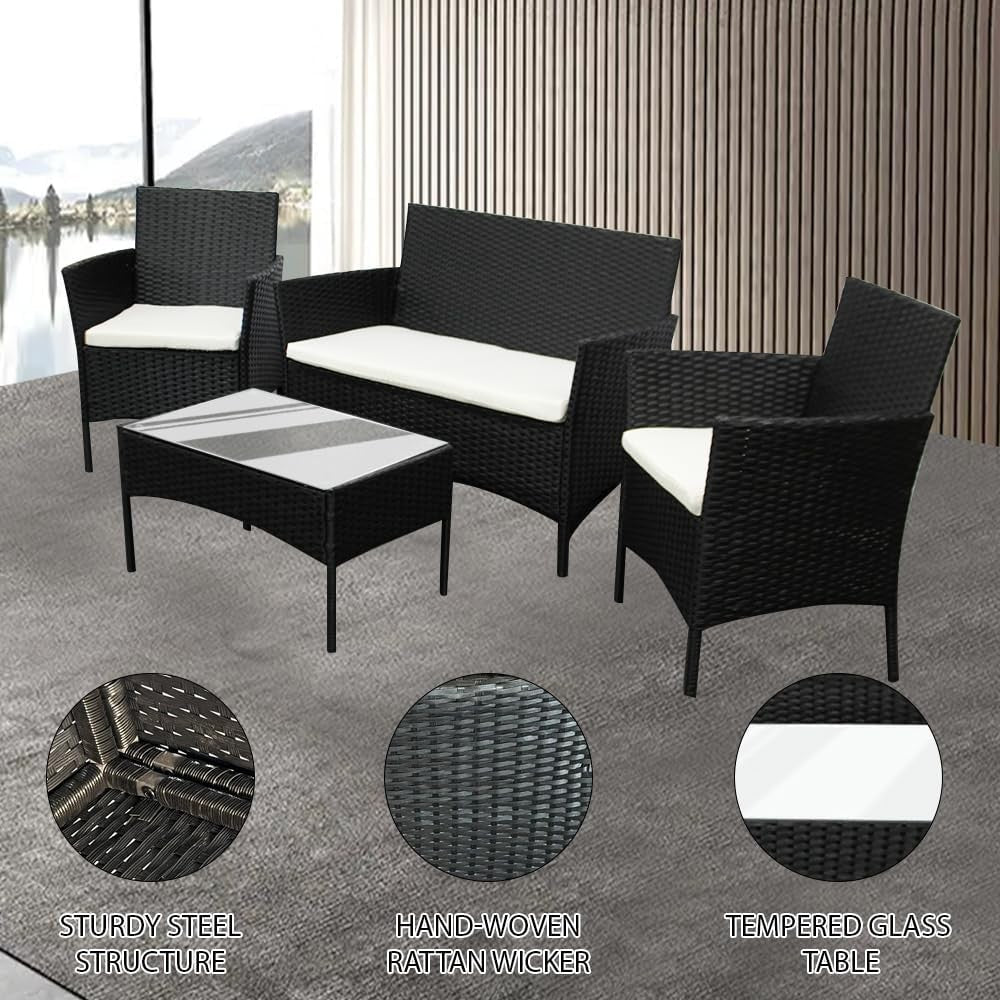 Outdoor Rattan Garden Sofa Set 4-Seater with Cushions & Glass Coffee Table