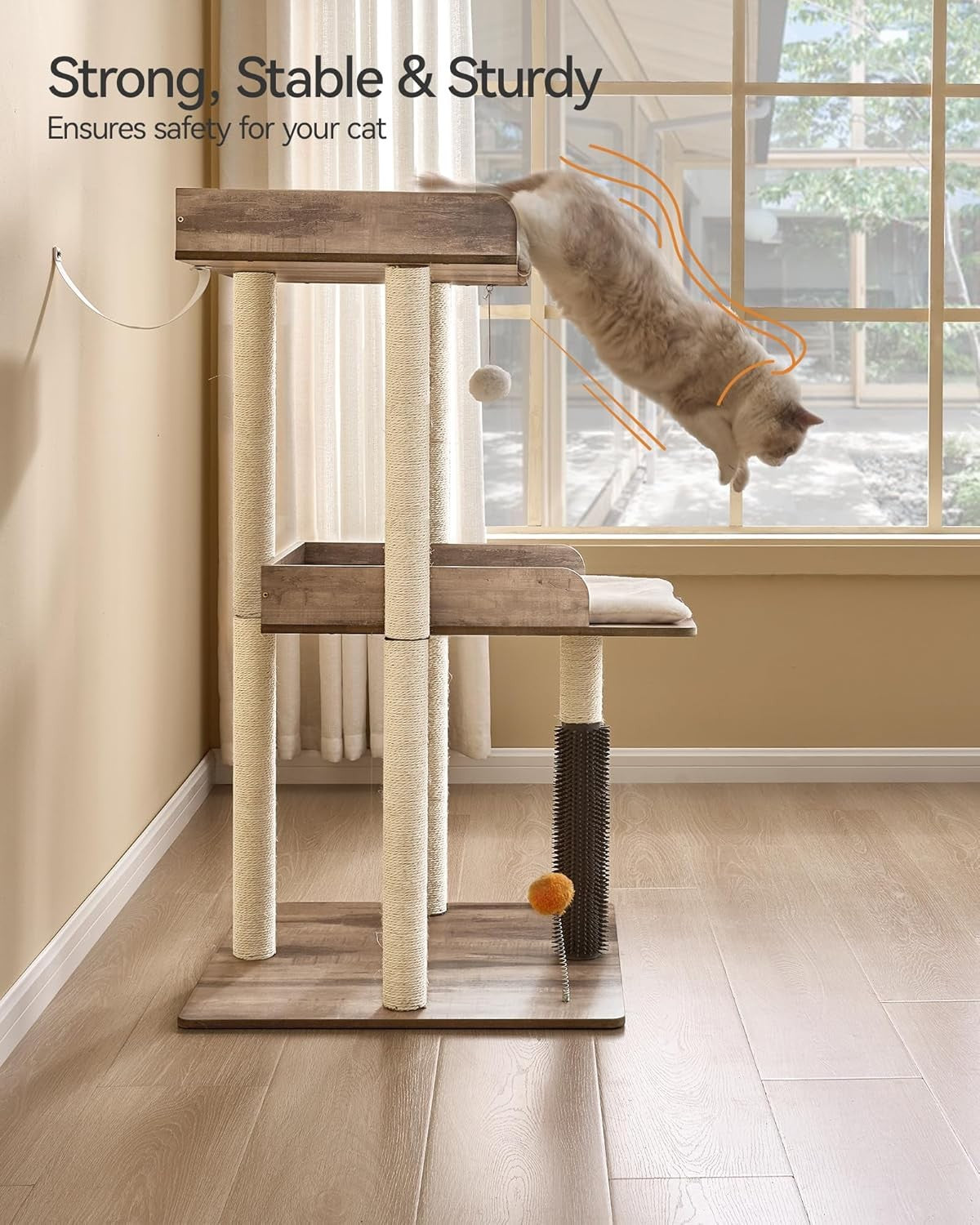 Large Wooden Cat Tree Tower Greige 111cm Multi-Level Perches Scratching Post