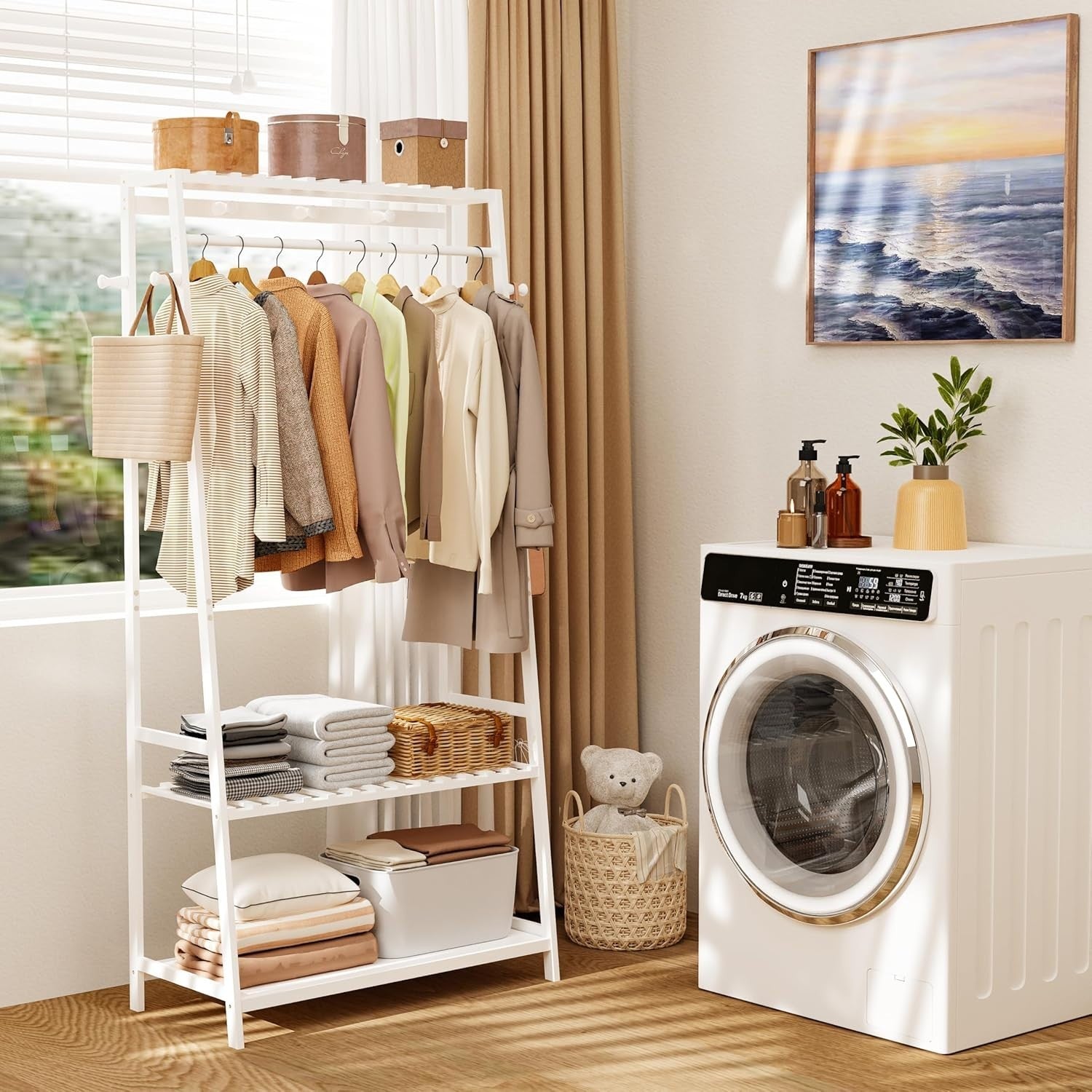 Bamboo Clothes Rail Rack with Shelves & Hooks, White Wardrobe
