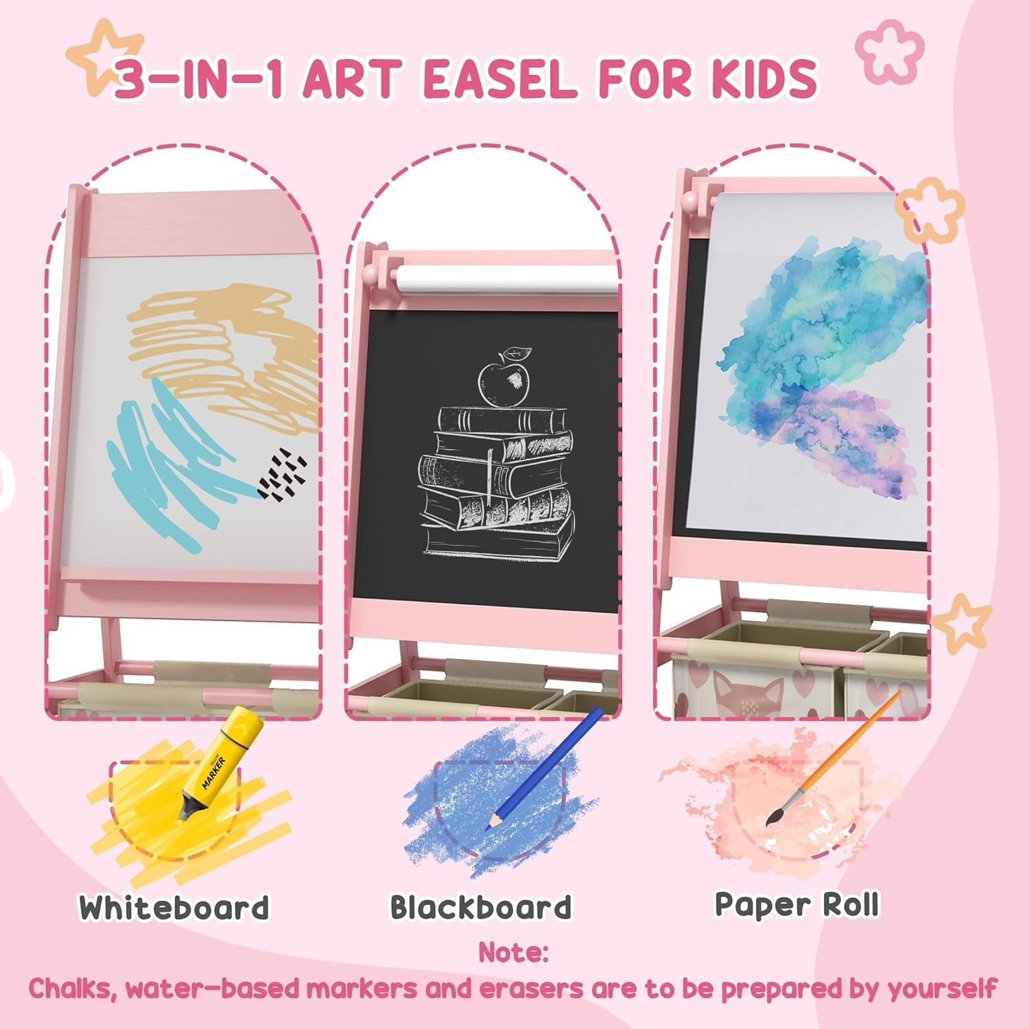 Kids Table & Chairs Set with Easel, Chalkboard & Paper Roll, Pink