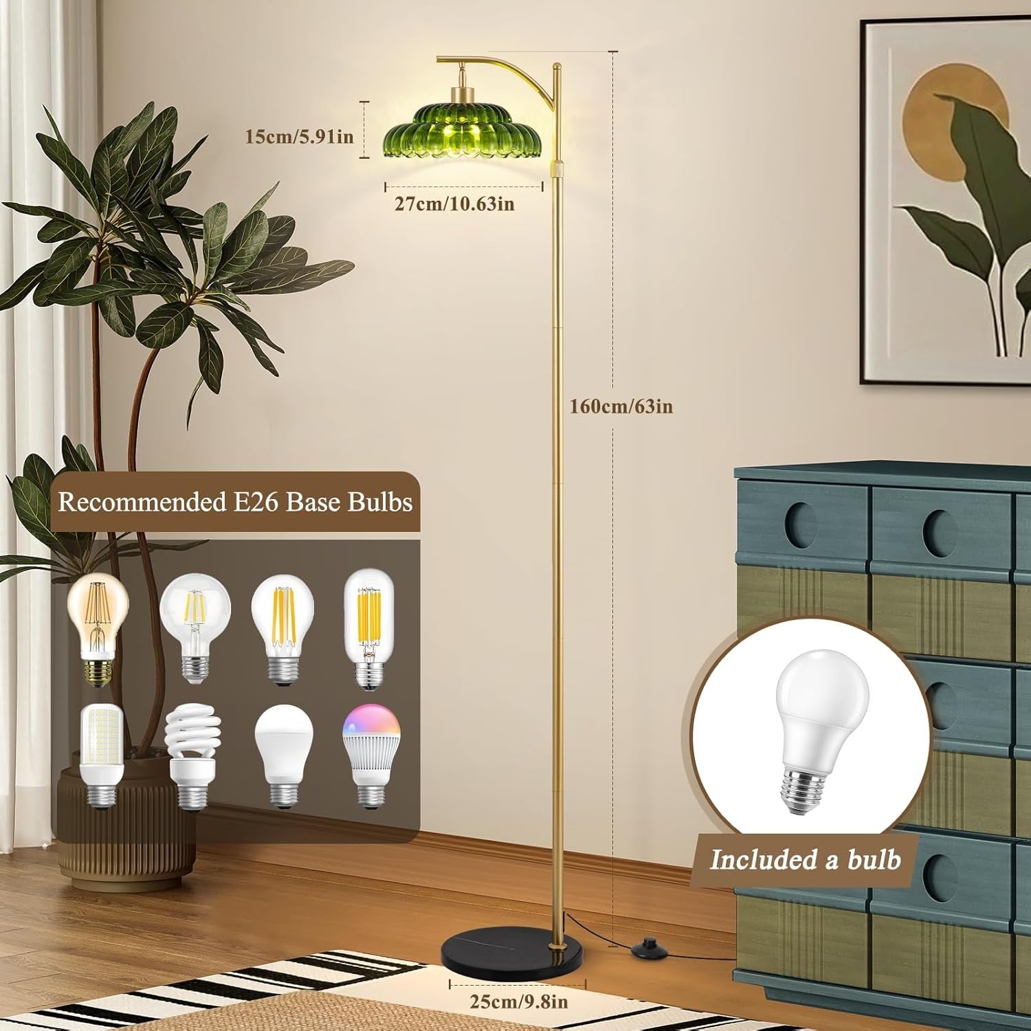 Gold Floor Lamp Dimmable Remote Green Glass Shade LED Tall Standing