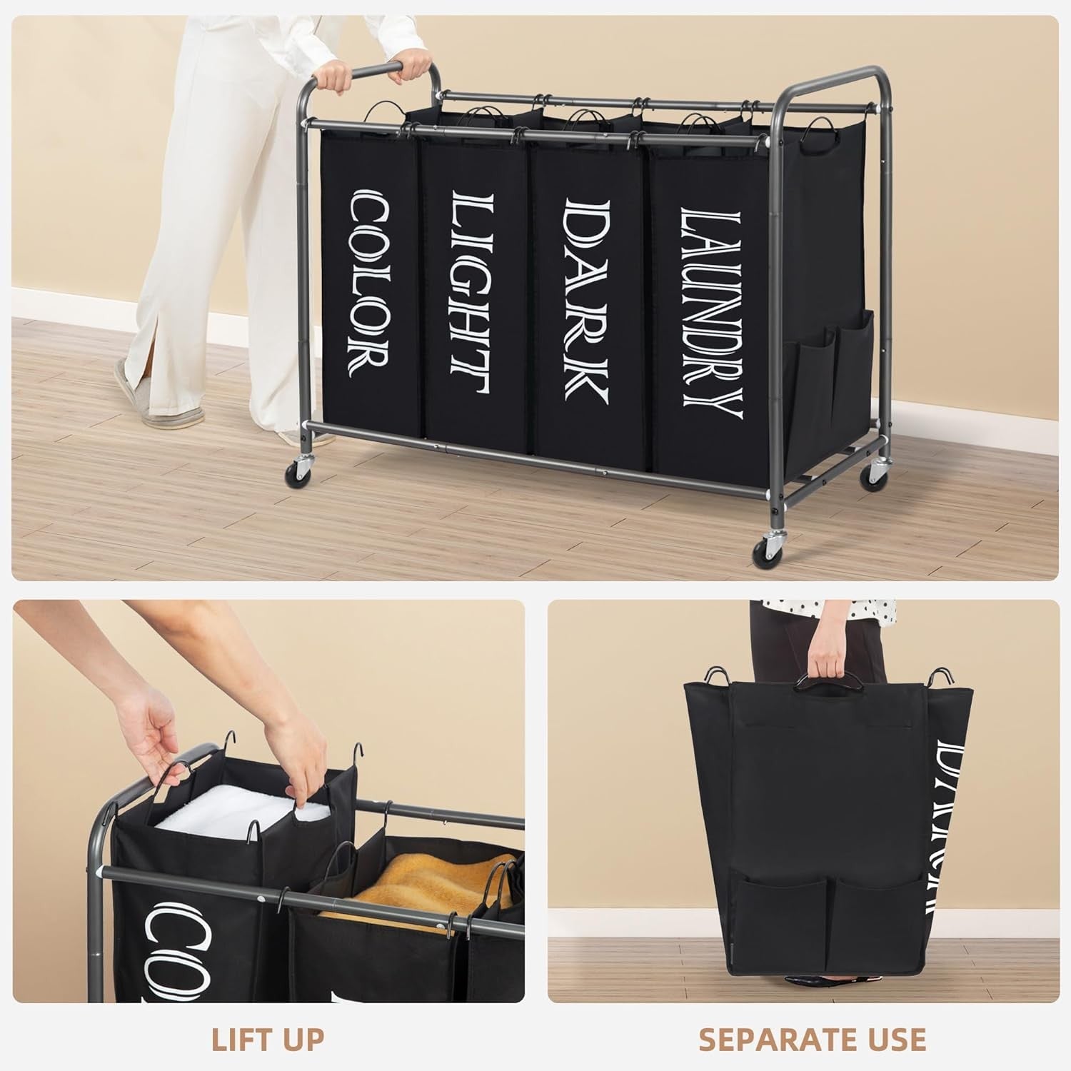4 Section Laundry Sorter on Wheels with Removable Bags Large Rolling Hamper