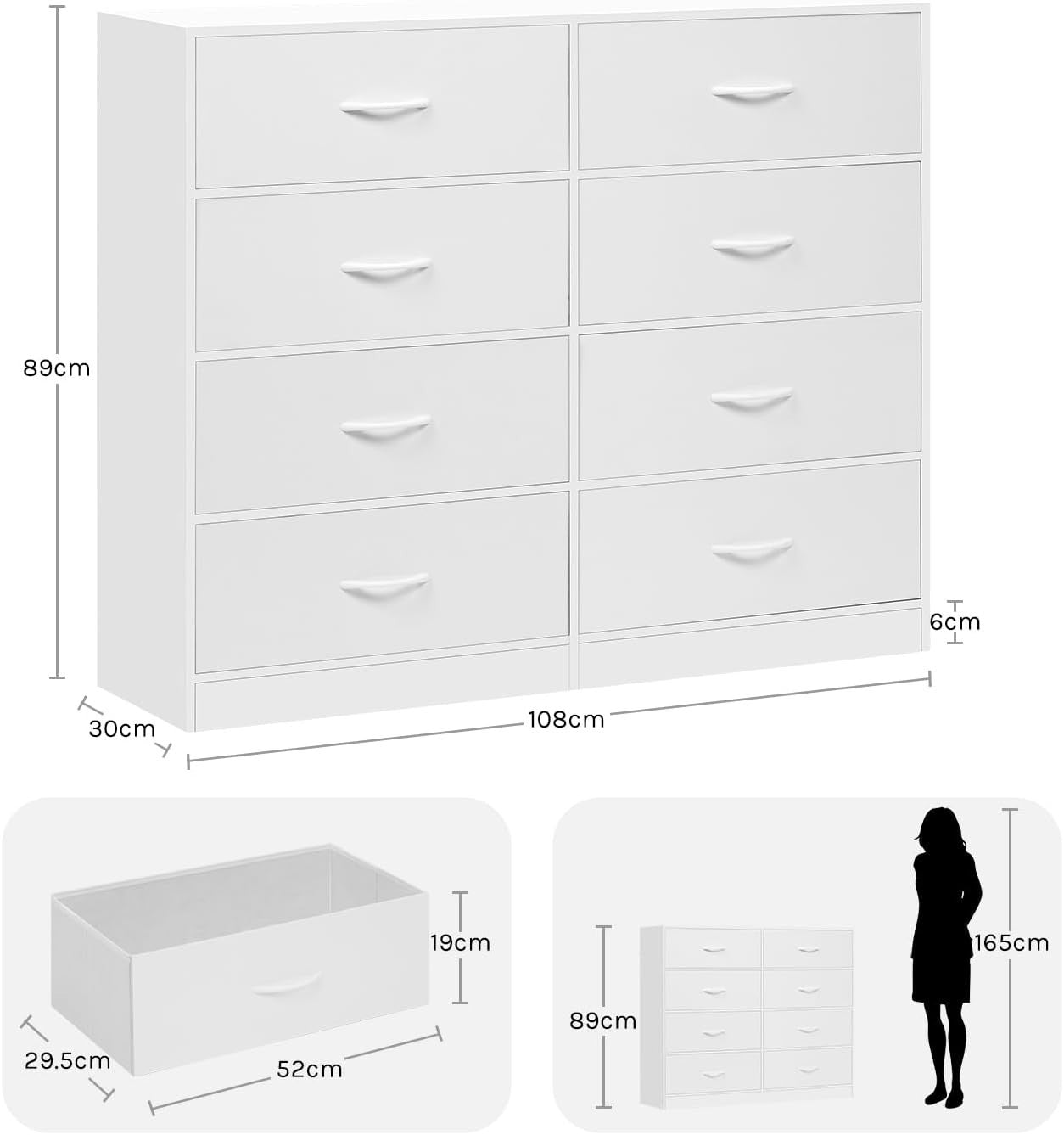 8 Drawer White Storage Chest Fabric Drawers Bedroom Hallway Cabinet 108cm