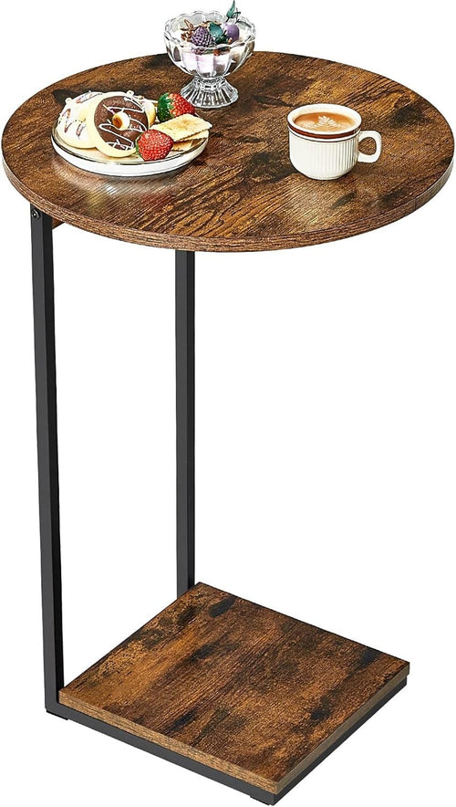 Slim C-Shaped Side Table with Storage Shelf – Industrial Rustic Steel Frame