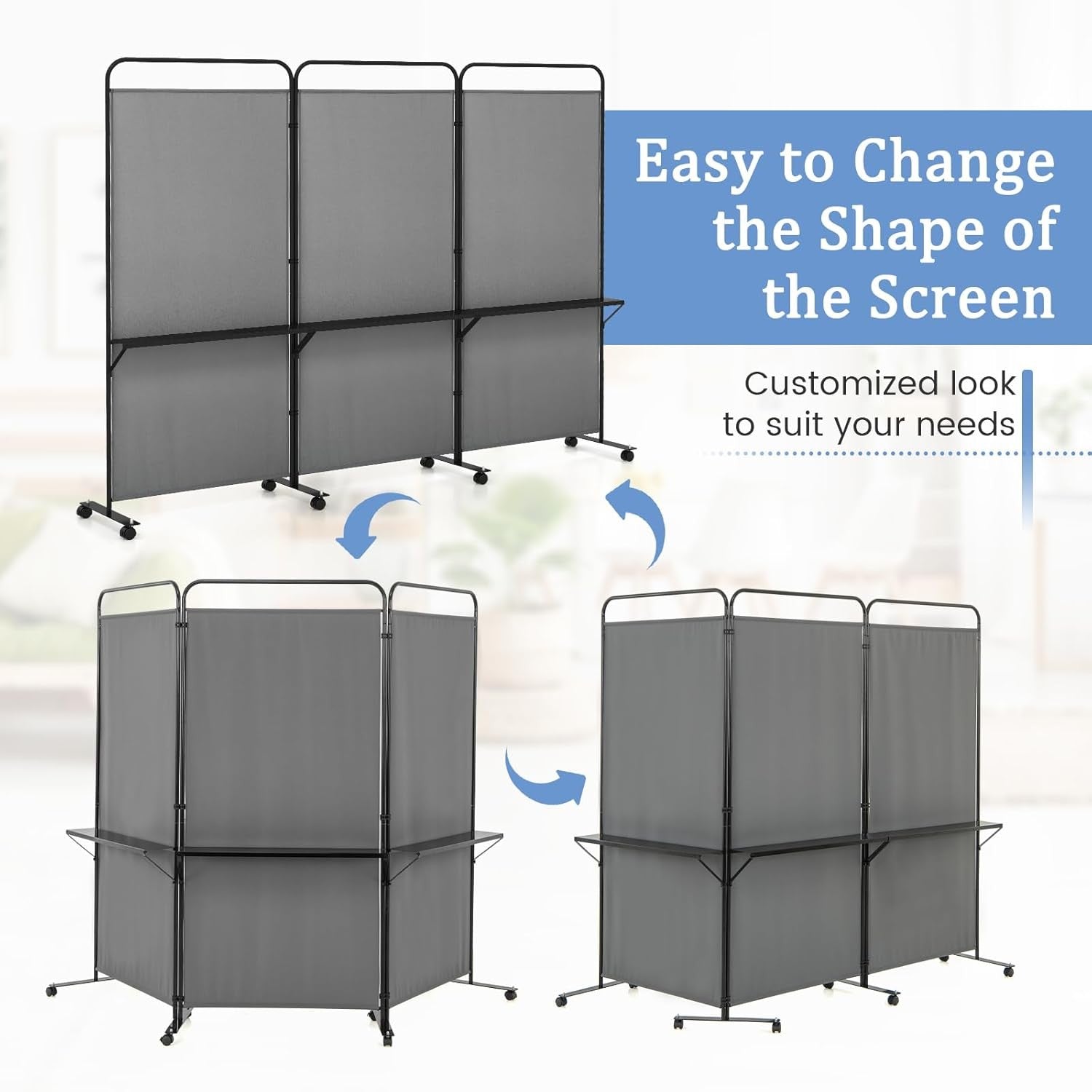 3 Panel Grey Folding Room Divider with Shelves & Wheels Privacy Screen 188cm