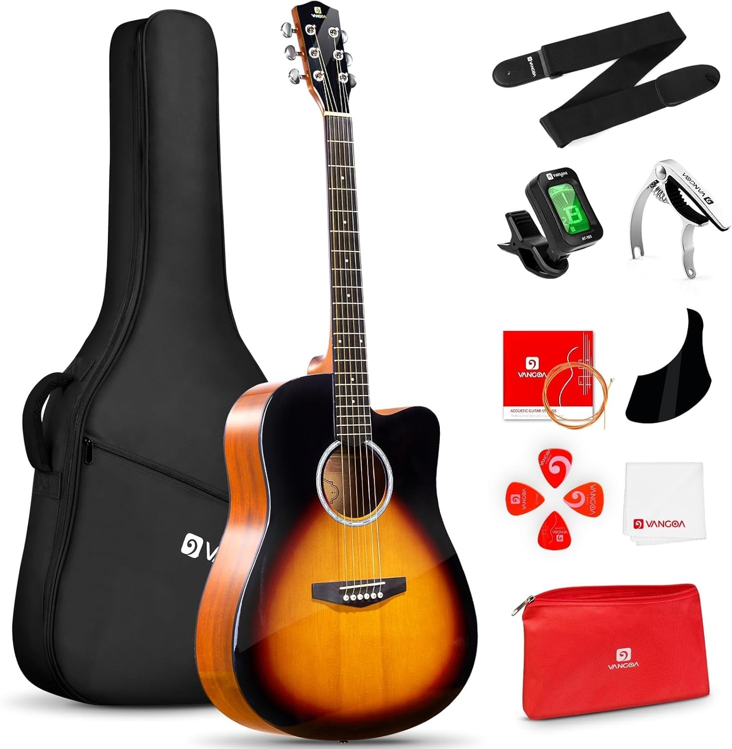 Full Size 41in Acoustic Guitar Cutaway Starter Kit Sunburst