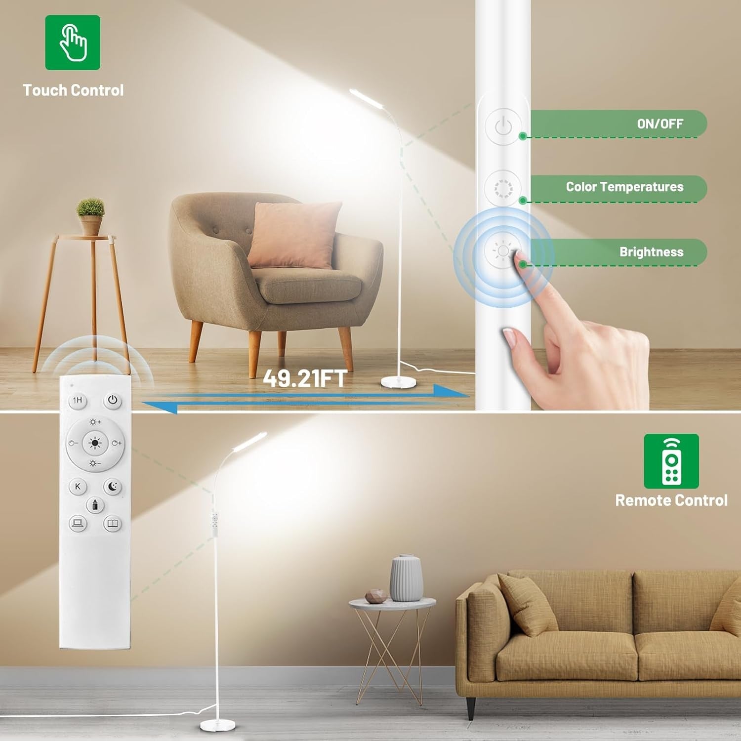 LED Uplighter Floor Lamp Dimmable Remote Touch Reading Light Tall White