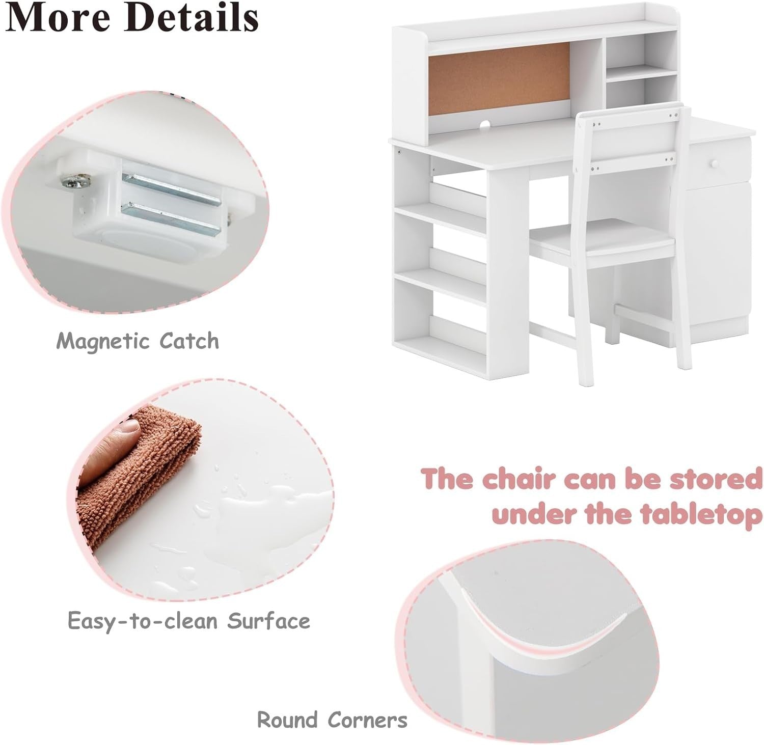Kids Study Desk & Chair Wooden Table w/ Storage Shelf Drawer Cabinet White