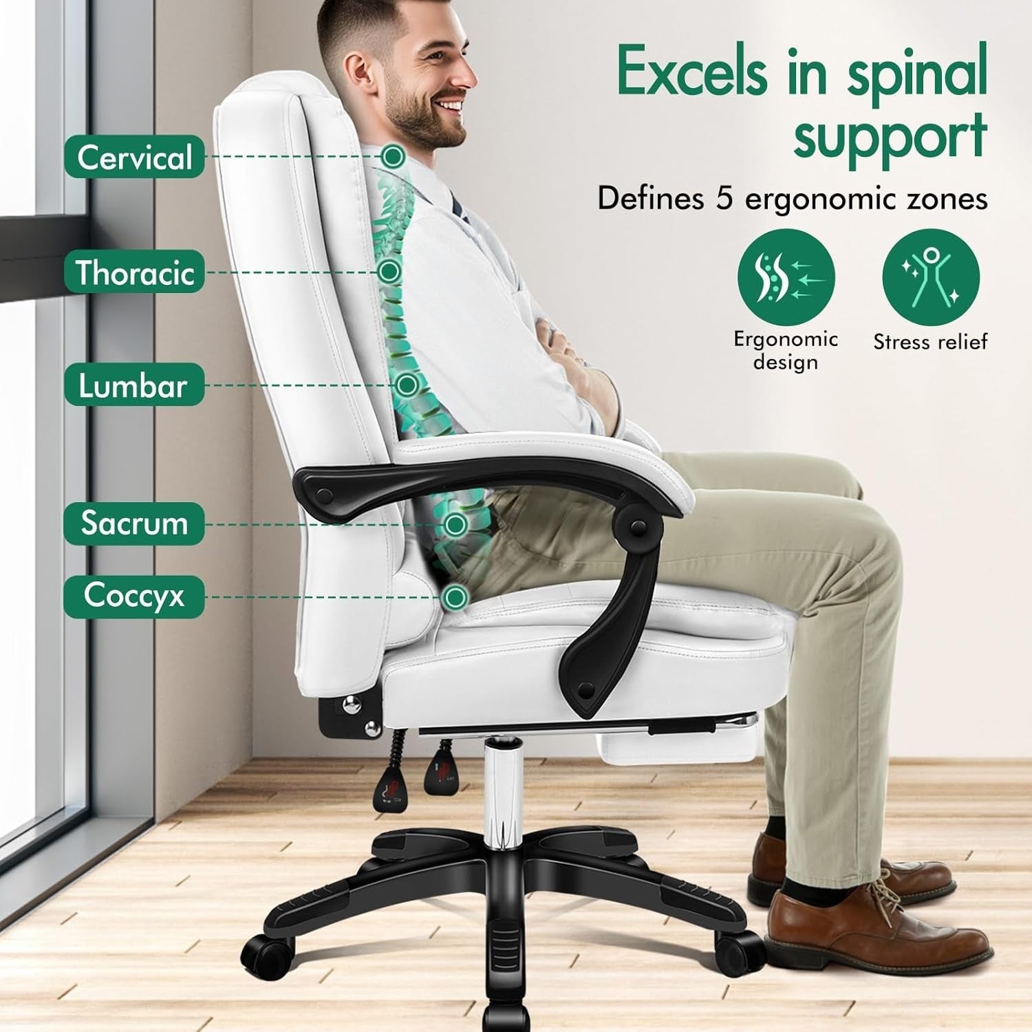 White Massage Office Chair Heated 8-Point Recliner Footrest Ergonomic PU
