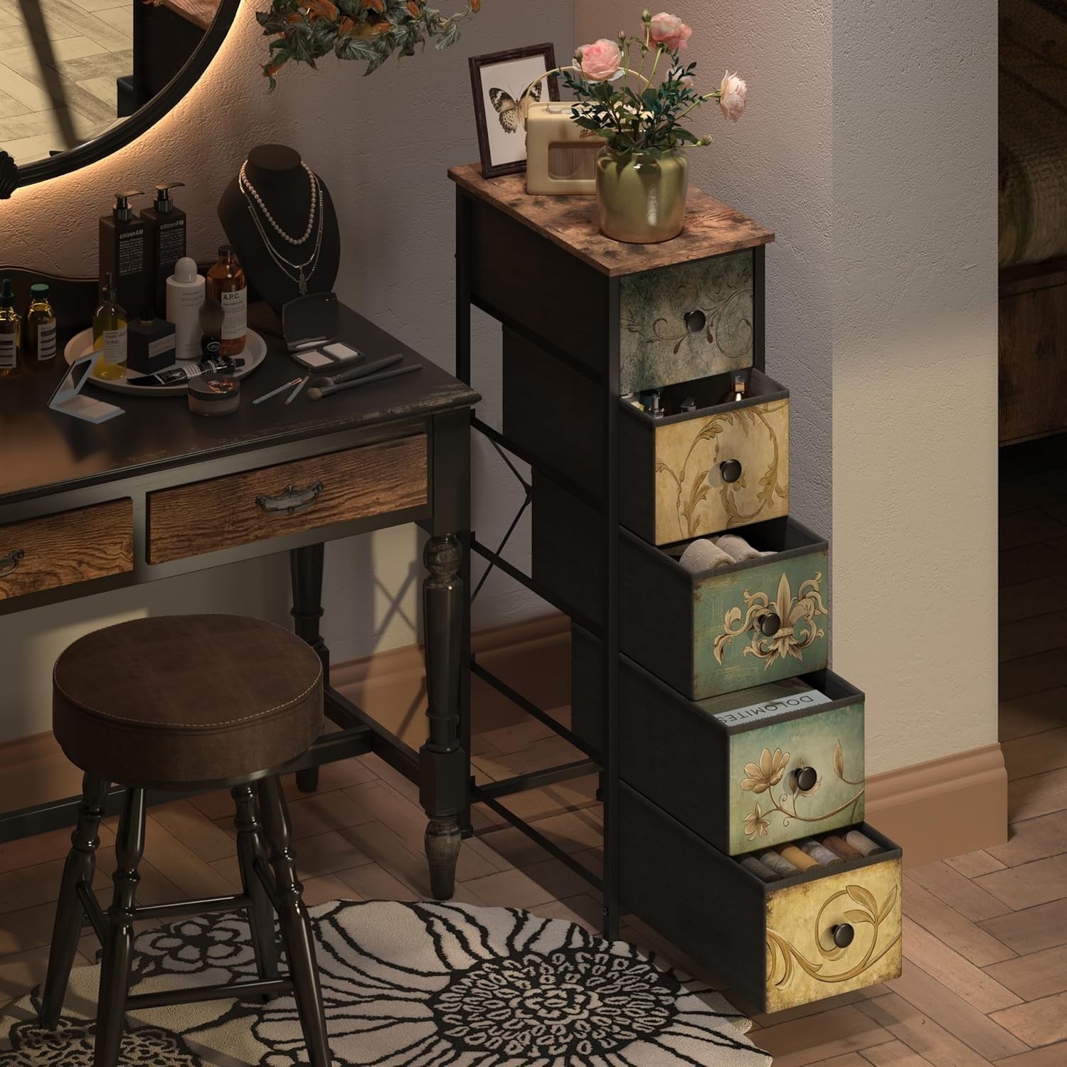 Slim 5 Drawer Tall Storage Cabinet Rustic Boho Unit Bedroom Hallway