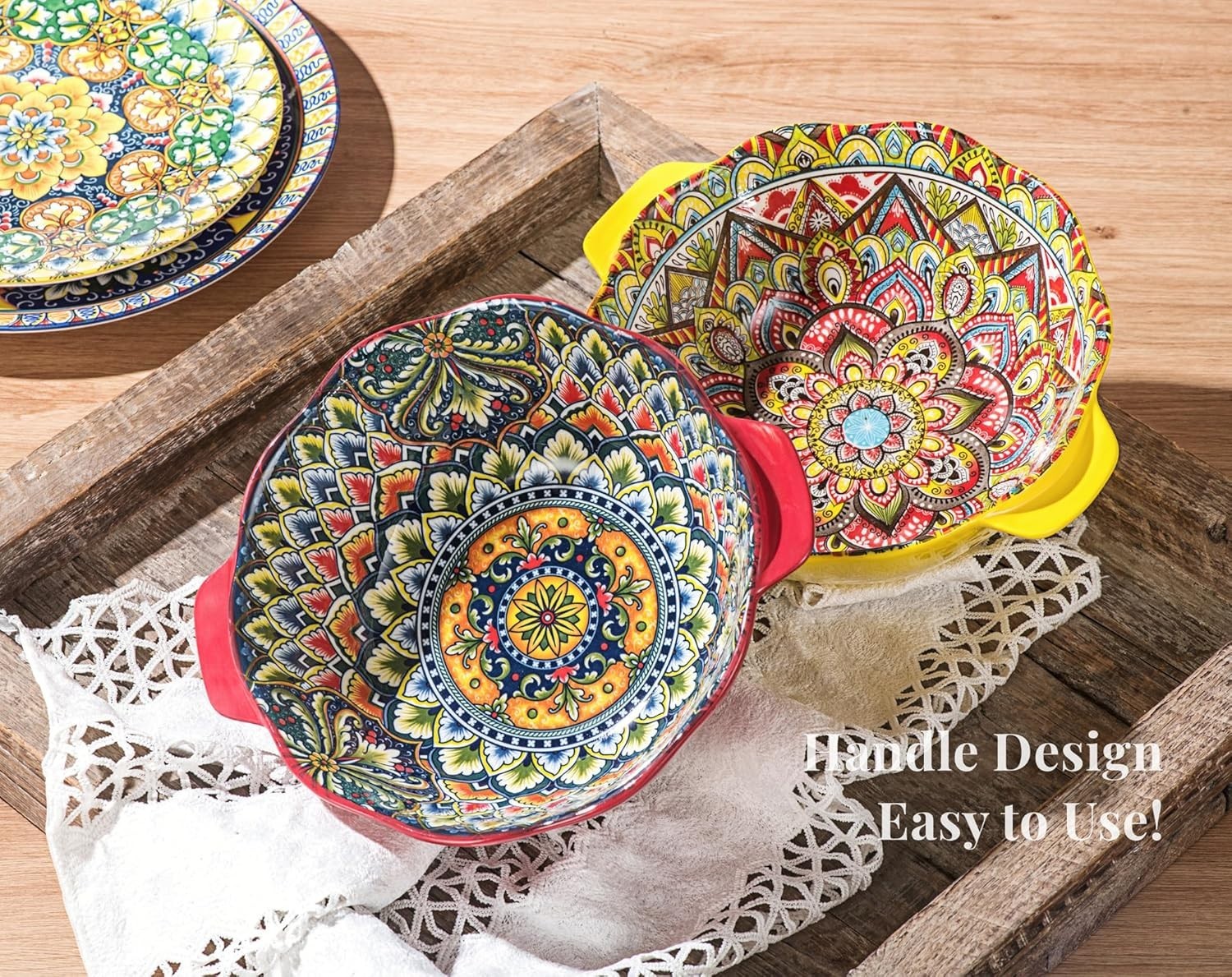 2-Piece Bohemian Ceramic Bowl Set – 49oz Large Salad & Soup Bowls