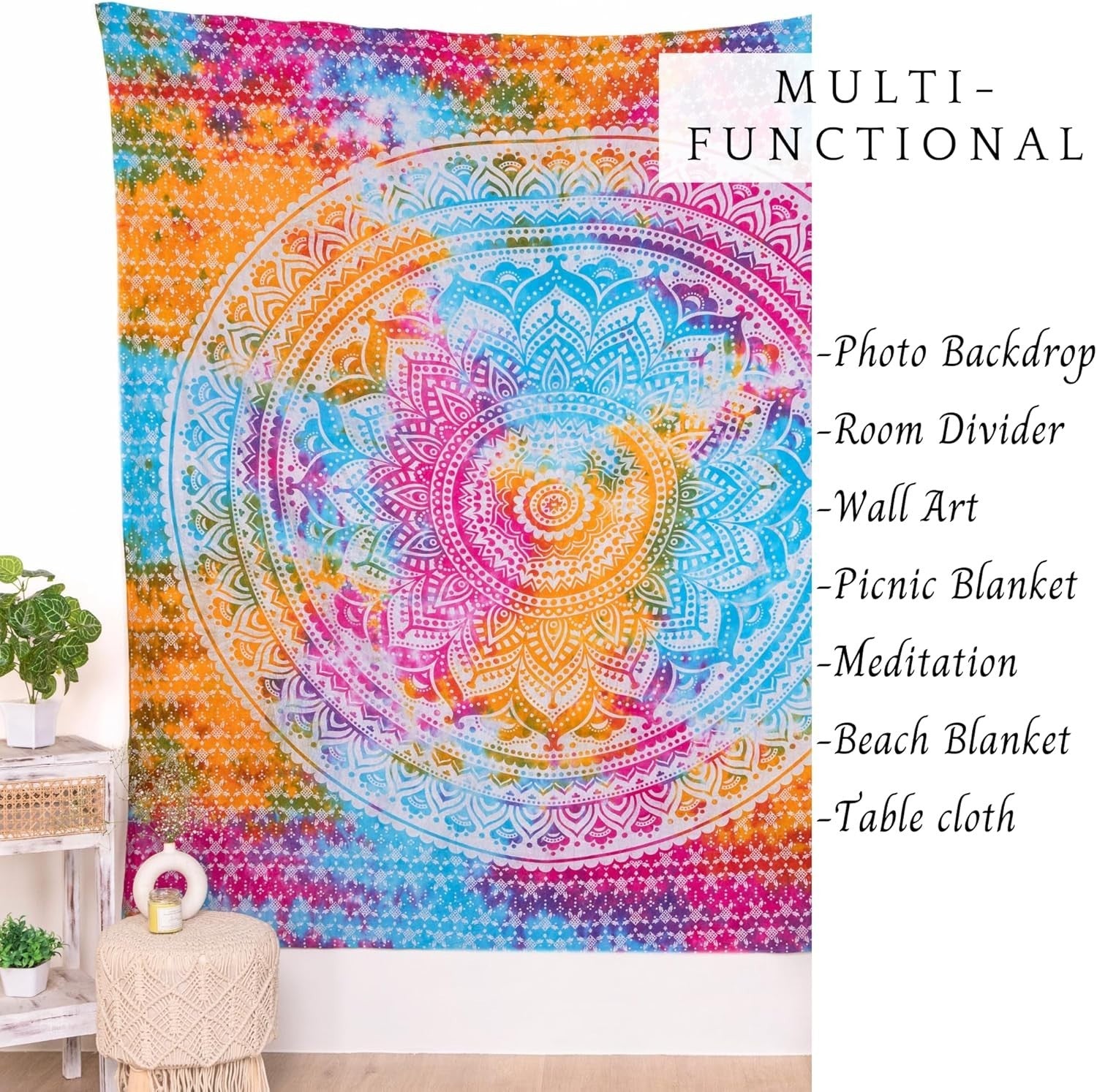 Multicolor Mandala Cotton Tapestry 137x213cm Boho Wall Decor