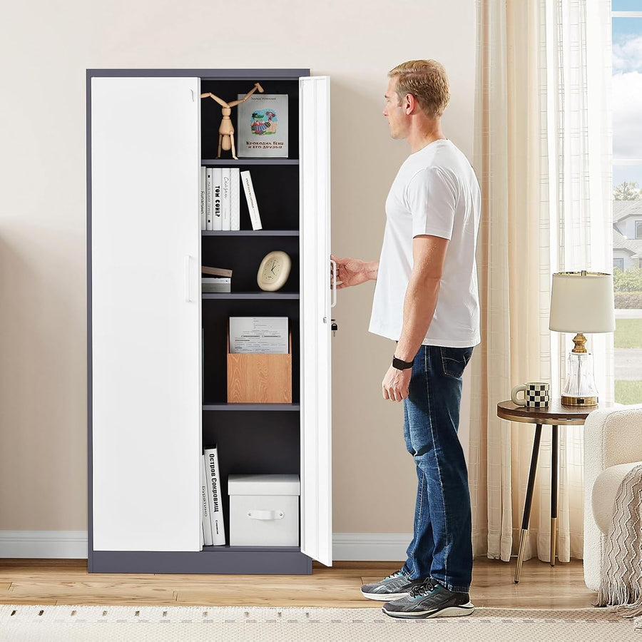 Lockable Metal Storage Cabinet with 2 Doors & 4 Adjustable Shelves, Heavy Duty