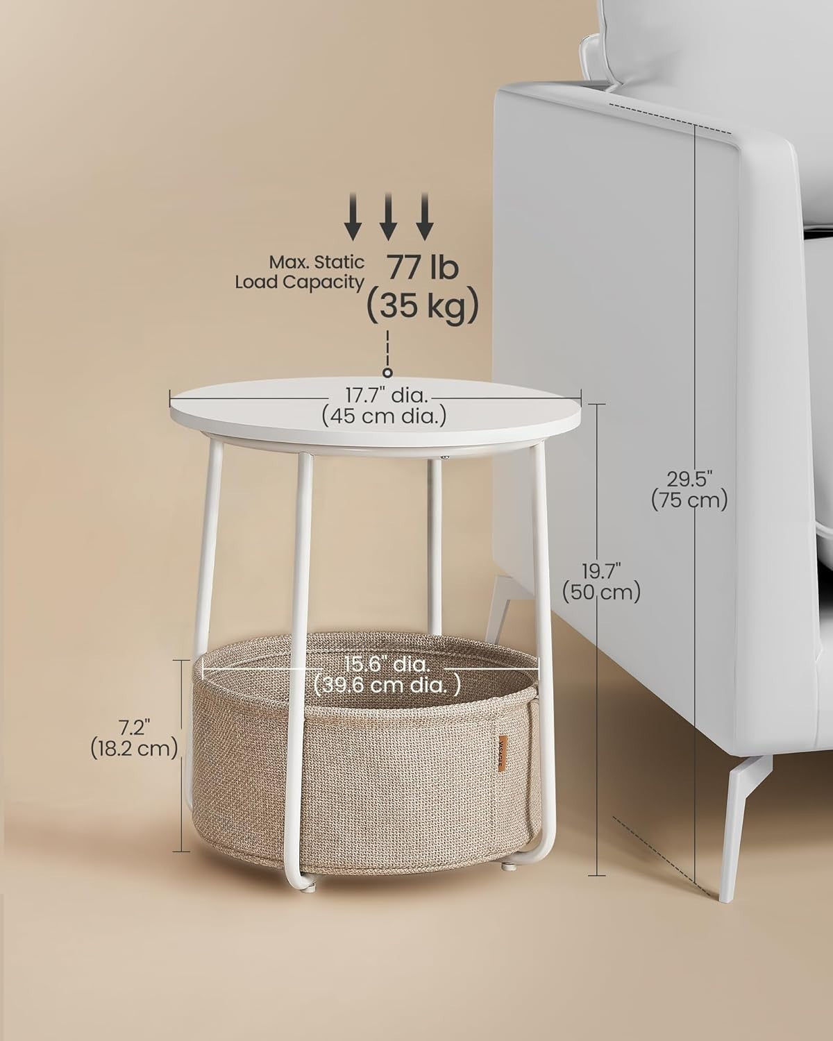 Round Side Table with Fabric Basket, Storage & Sturdy Steel Legs 45x45x50cm