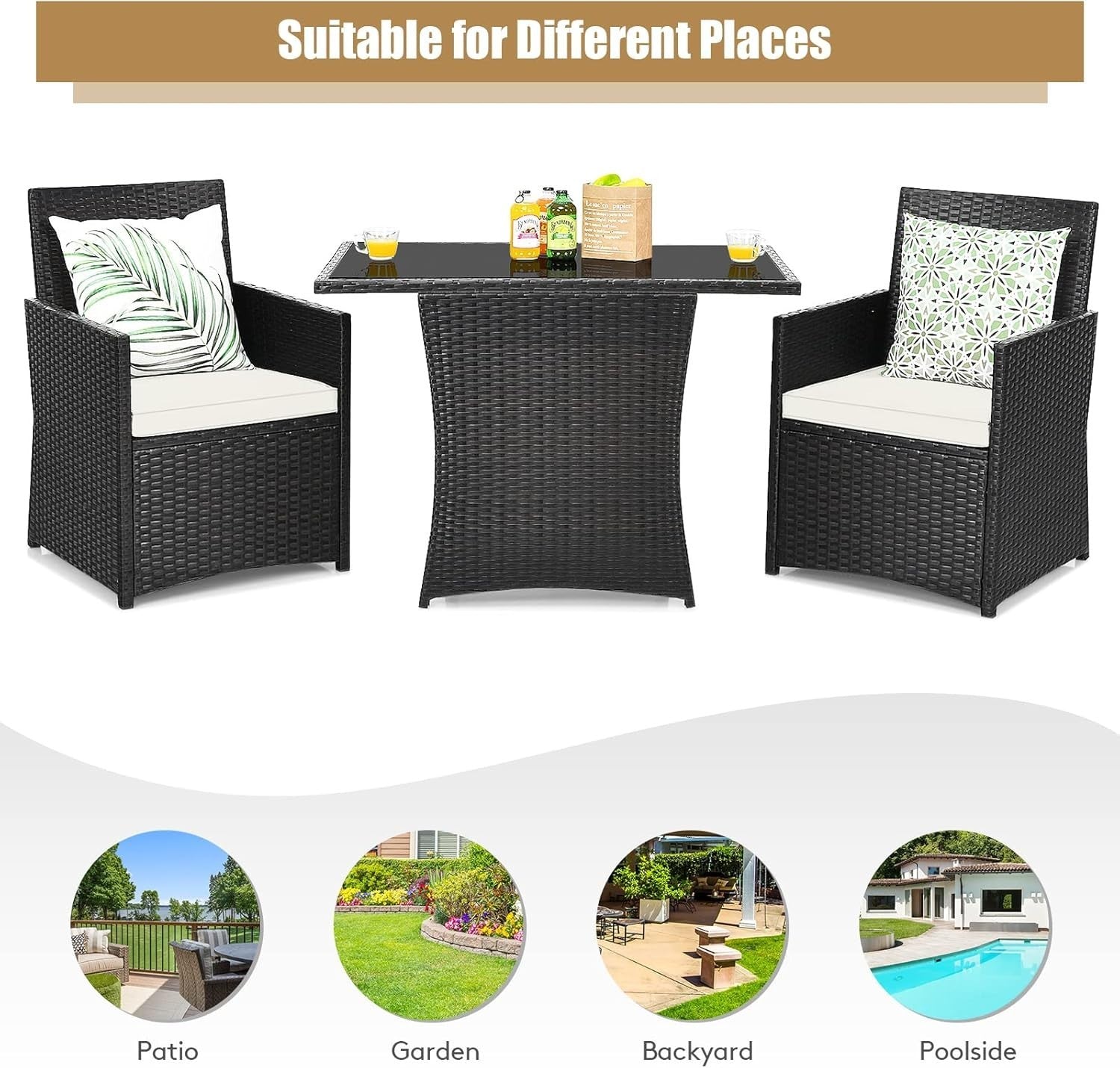 3 Piece Rattan Patio Dining Set Glass Table Outdoor Chairs with Cushions