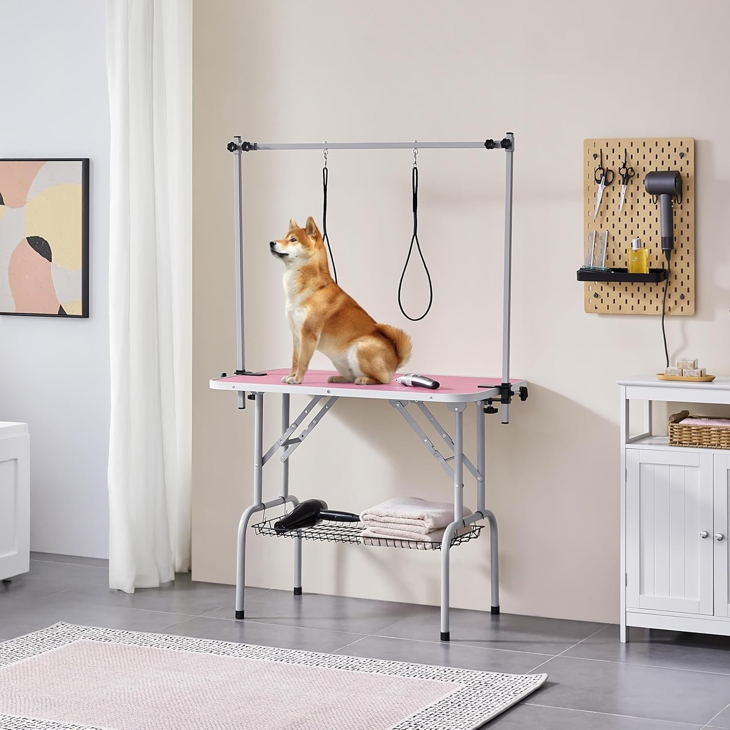 Foldable Pet Grooming Table 91cm Dog Cat Non Slip Adjustable Arm Pink